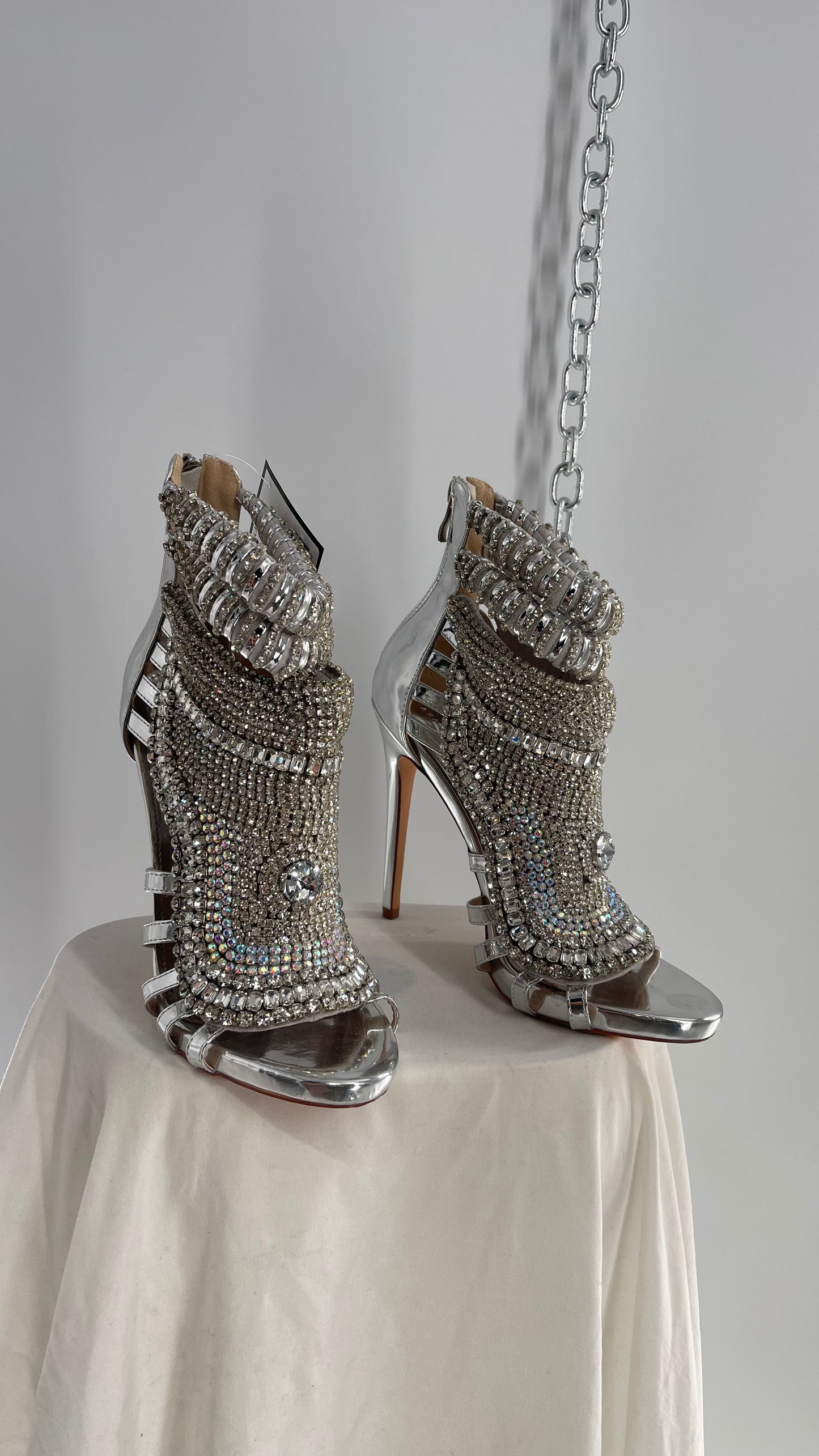 AZALEA WANG Platinum Silver Pusher Crystal Rhinestone Embellished Heel with Ankle Straps (10)