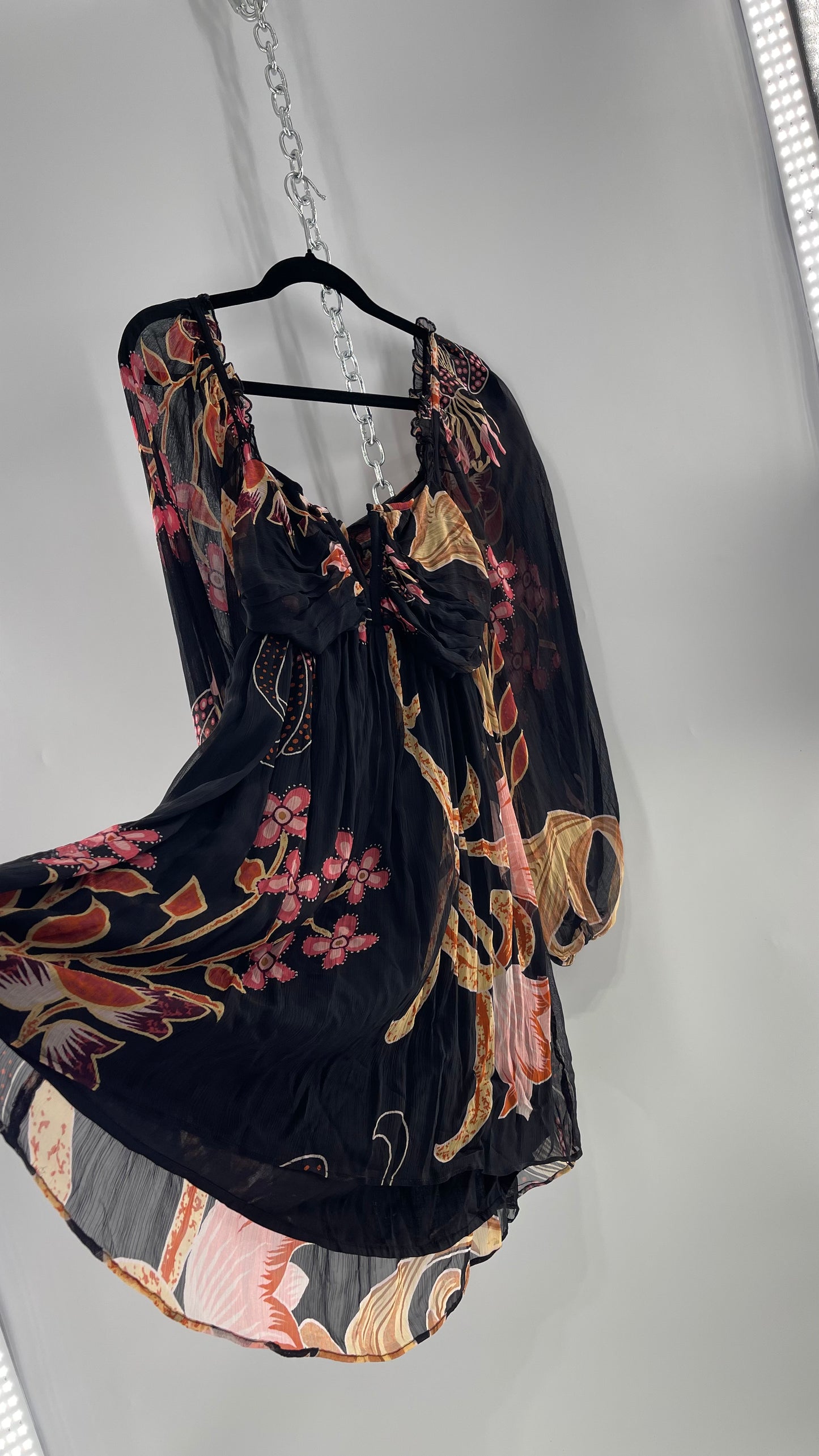 Anthropologie Let Me Be Crimped Black Chiffon Pink Floral Patterned l Dress with Tie/Open Back Detail and Tags Attached (Small)