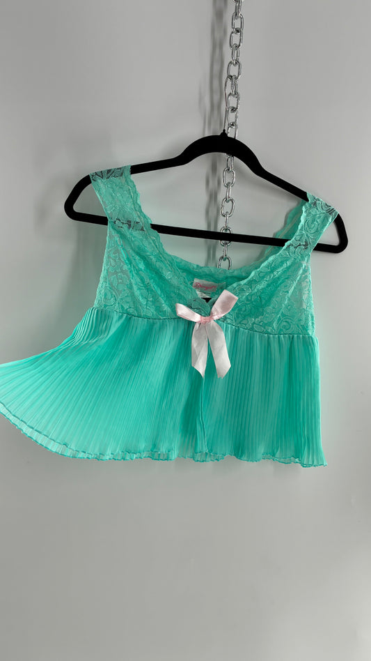 DREAMGIRL Vintage 1990s Teal Wide Neck Babydoll Camisole with Baby Pink Bow (Medium)
