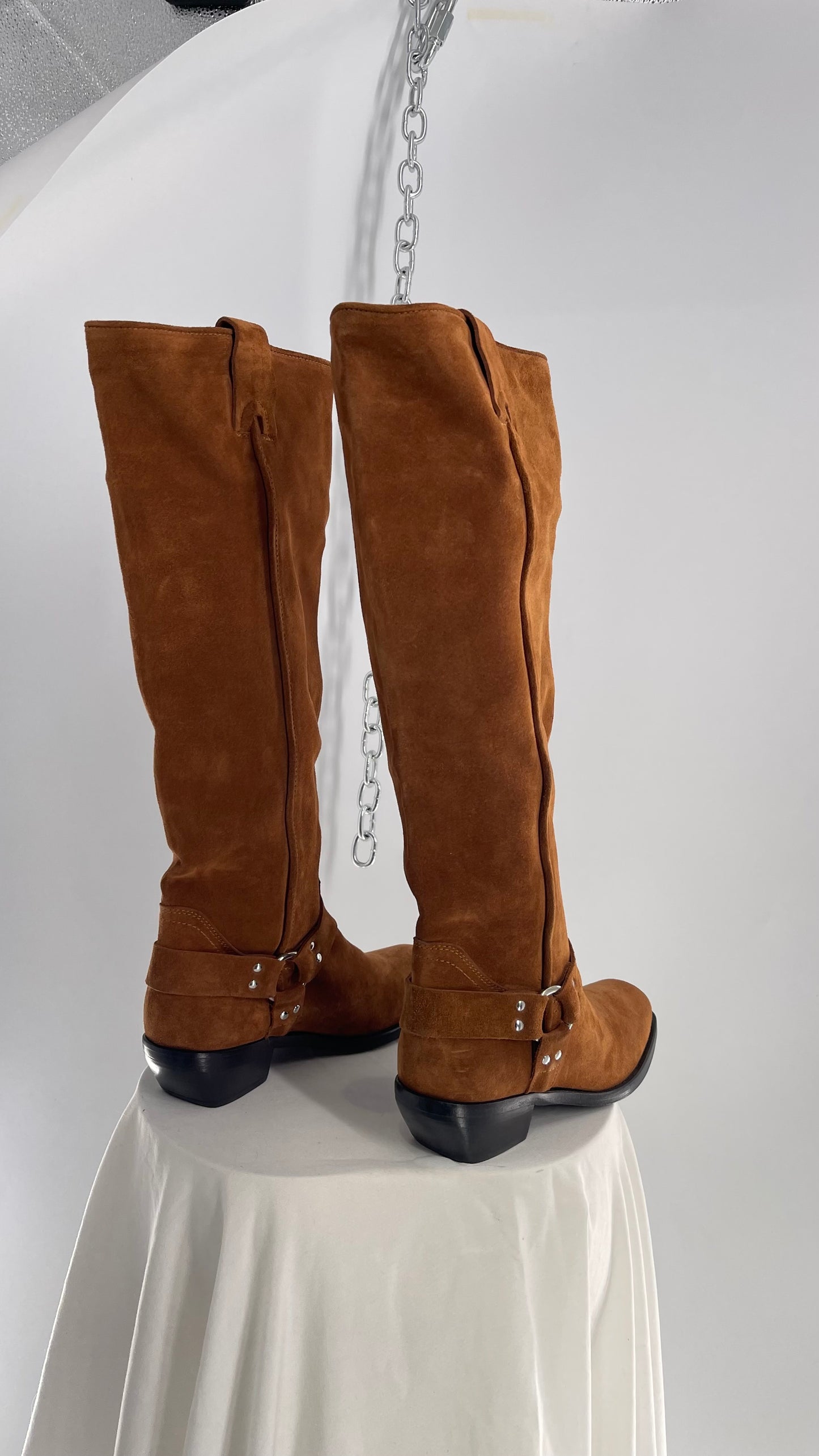 Free People Lockhardt Harness Thick Suede Leather Square Toe Knee High Boot (37)