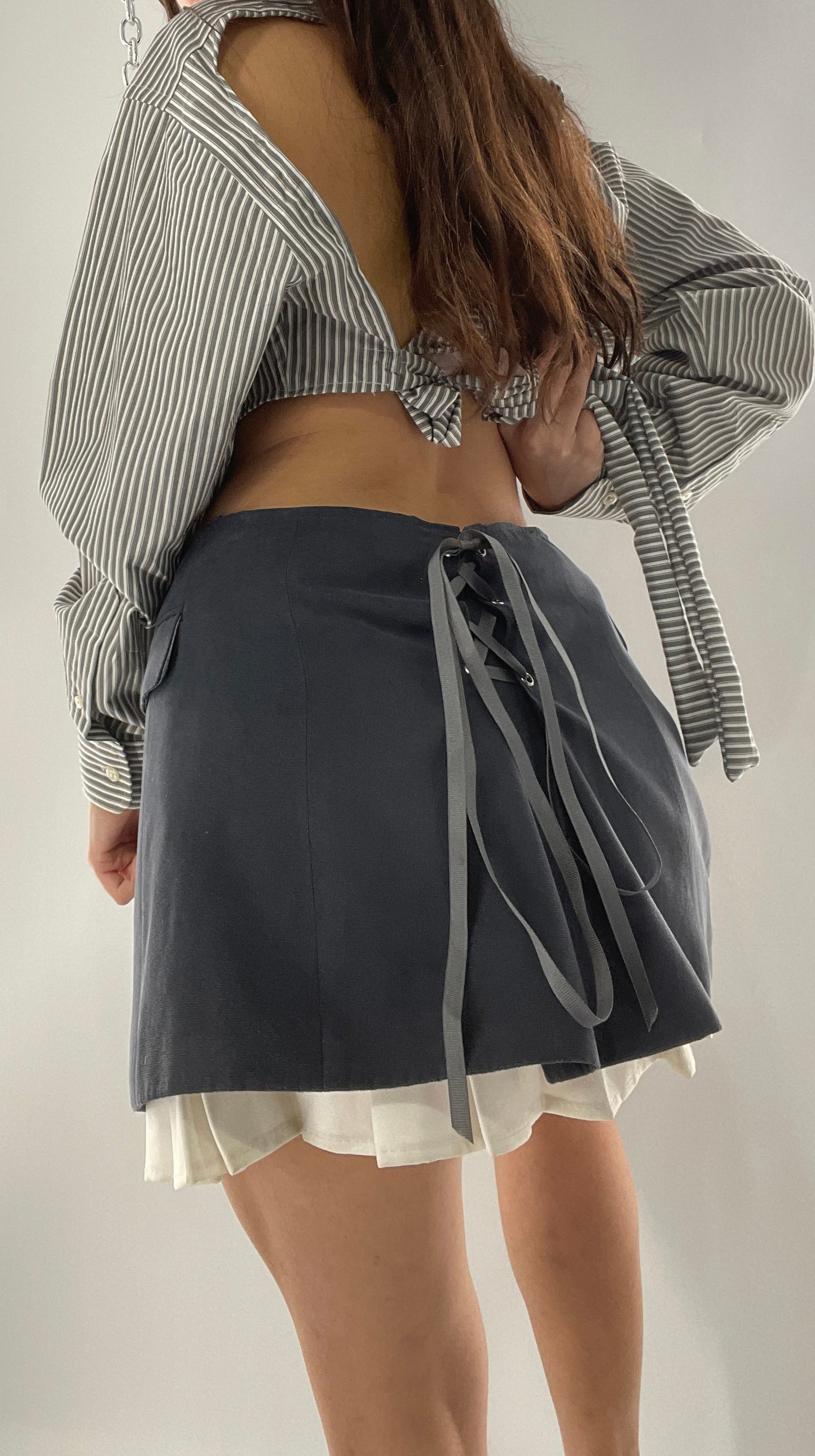 CUSTOM Handmade 2pc Suit Set Gray/Blue with Open Corset Back Skirt and Cropped Jacket (One Size)