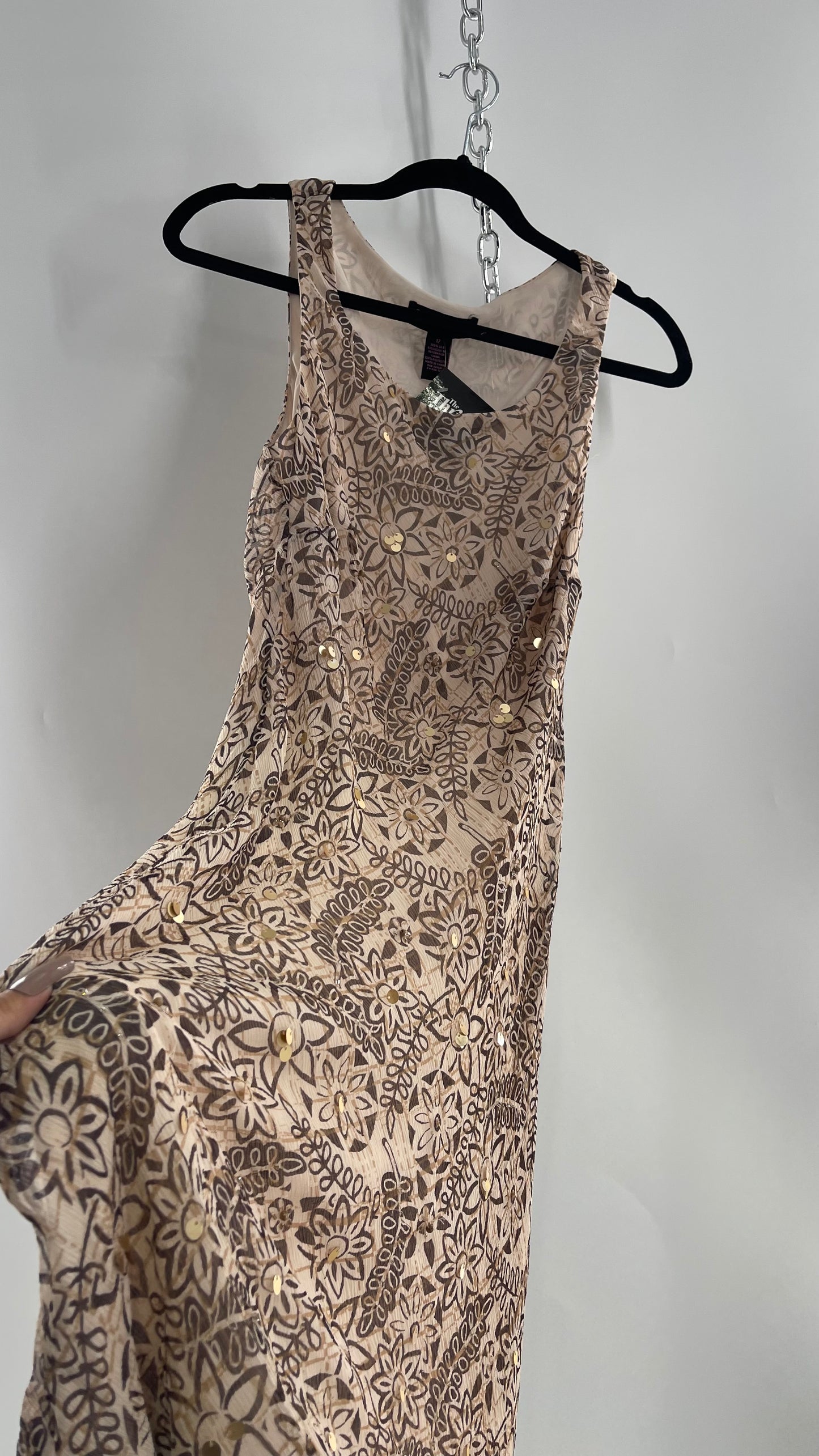 Vintage SIGNATURE by Robbie Bee Brown Floral 100% Silk Beaded and Sequin Midi Dress (12)