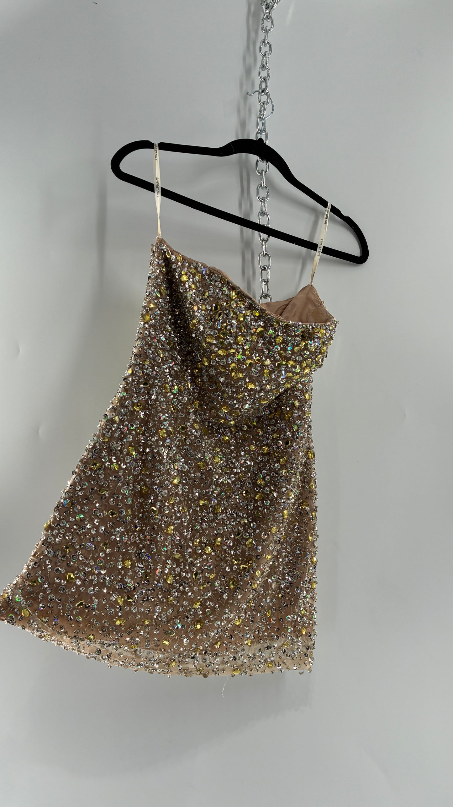 Vintage SHERRI HILL Nude Tan Underlay Mini Dress, Full Bedazzled and Covered in Beads  (6)