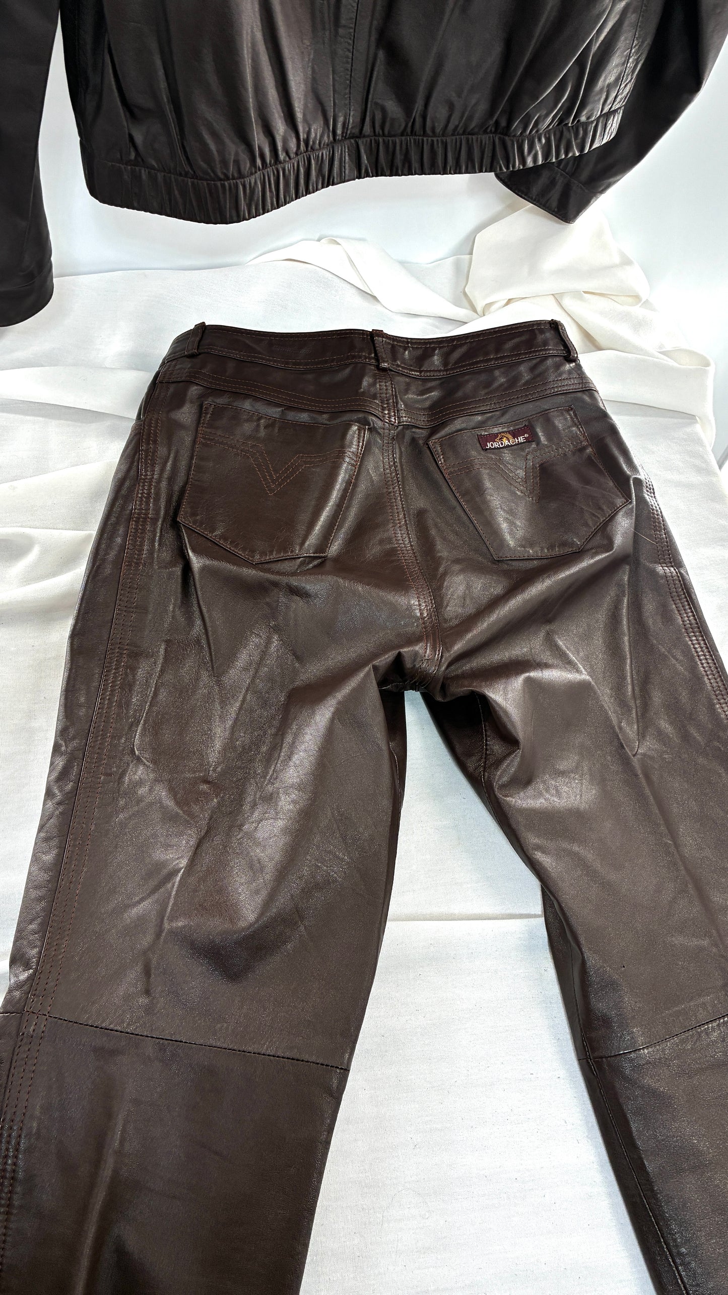 Vintage JORDACHE X CJ TODD Chocolate Brown Genuine Leather Trouser Moto Jacket Set (Small)