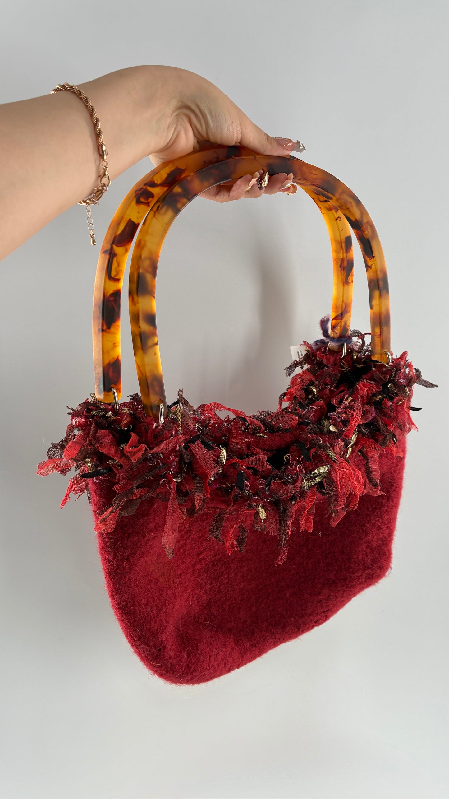 Vintage Handmade Handwoven Red Bag with Tags, Fringe Detailing and Tortoise Shell Handle