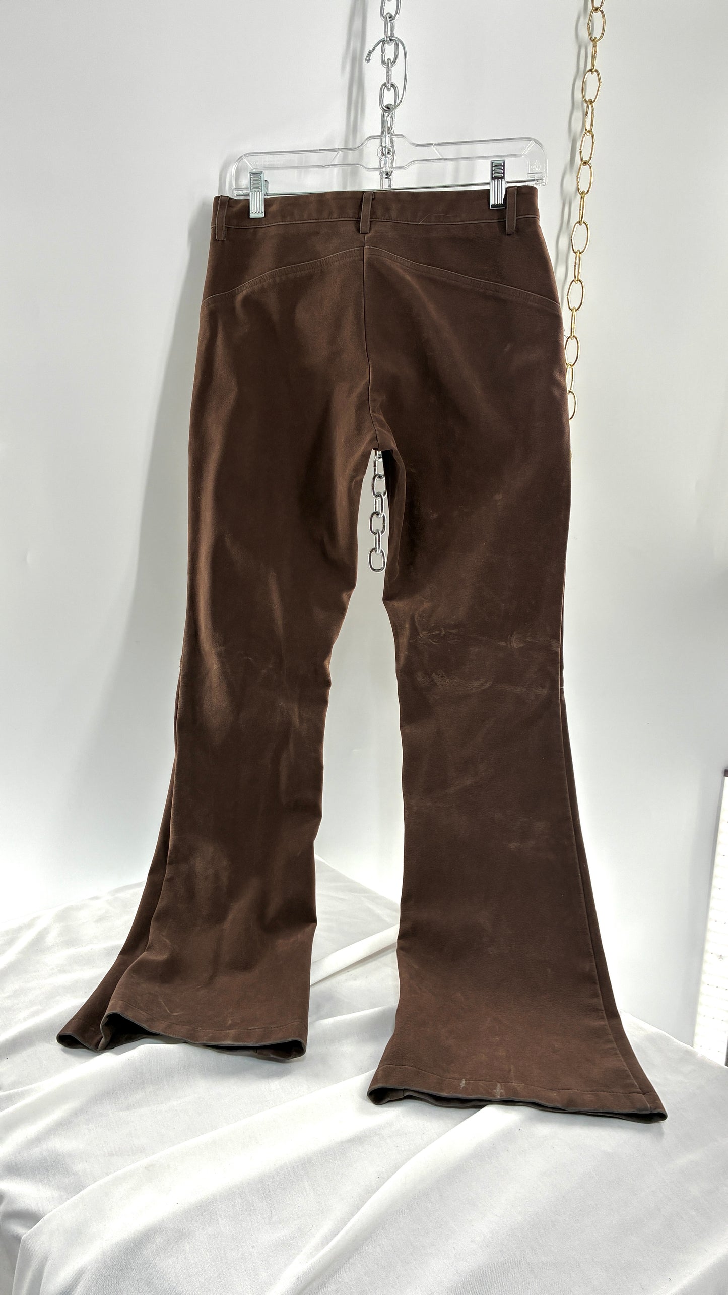 Vintage ECOTE Vegan Leather Velour Brown Lace Up Closure, Low Rise, Boot Leg Pants (Small)