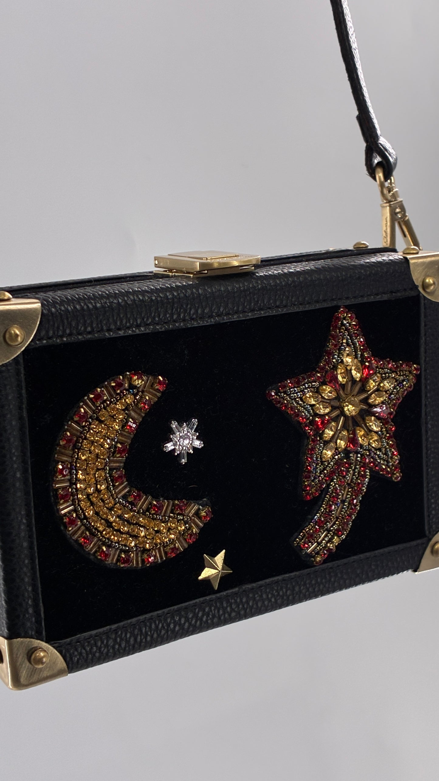 Vintage Sam Edelman Black Leather and Velour Box Case Purse with Gold Hardware and Celestial Beading