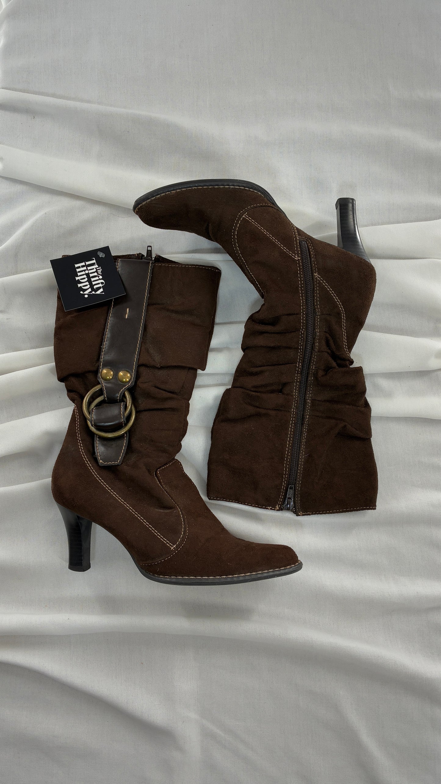Vintage PREDICTIONS Vegan Suede Brown Stacked Boots with Buckle Detail (6.5)