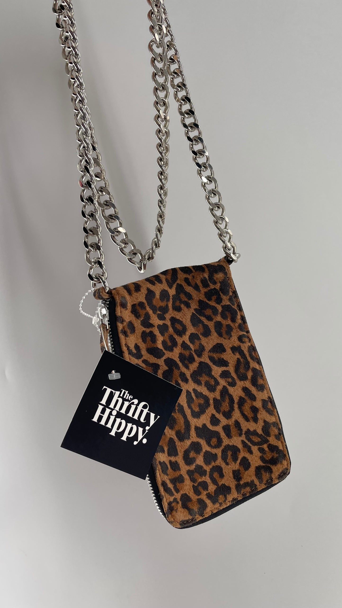 Free People Cheetah Suede Leather Phone/Card Pouch with Heavy Metal Chain