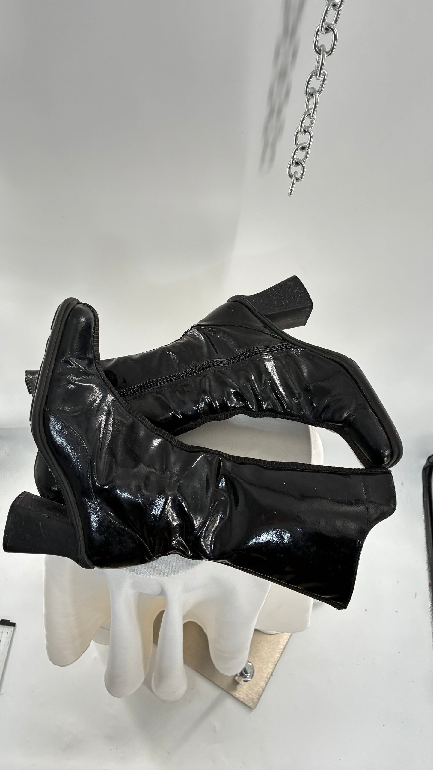 Vintage Black Patent Vinyl Boots with Square Toe and Block Heel with High, Low Calf (40)