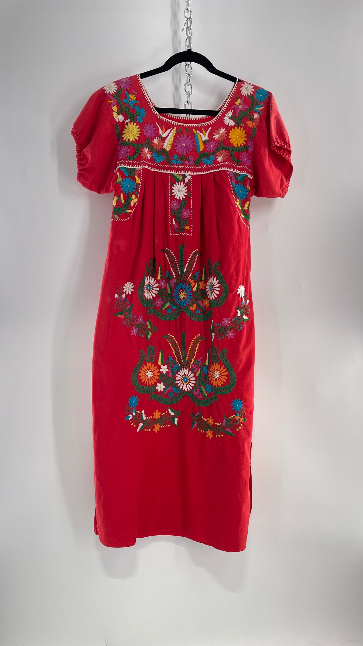 Vintage 1970s Red Cotton Dress with Hand Embroidered Florals Imported from Mexico (Small)