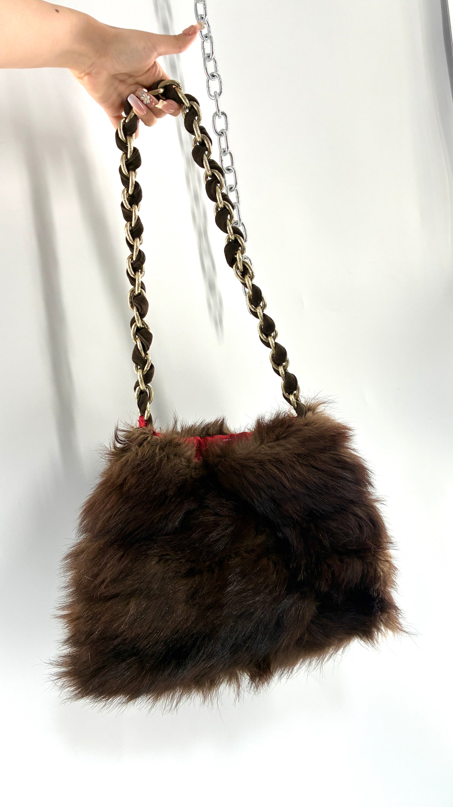 Vintage Handmade Genuine Fur Bag with Heavy Interlaced Gold Chain Strap