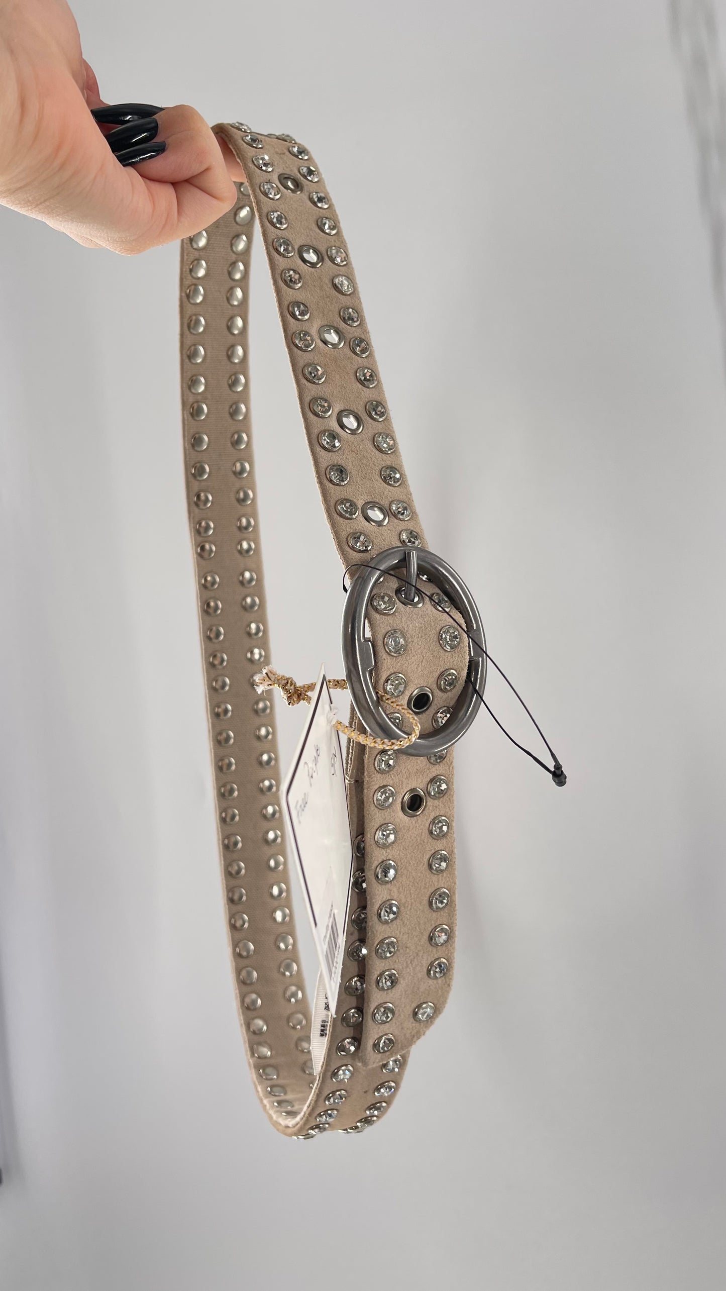Free People Beige Leather Canvas Studded Rhinestone Crystal Studded Belt with Heavy Metal Buckle (S/M)