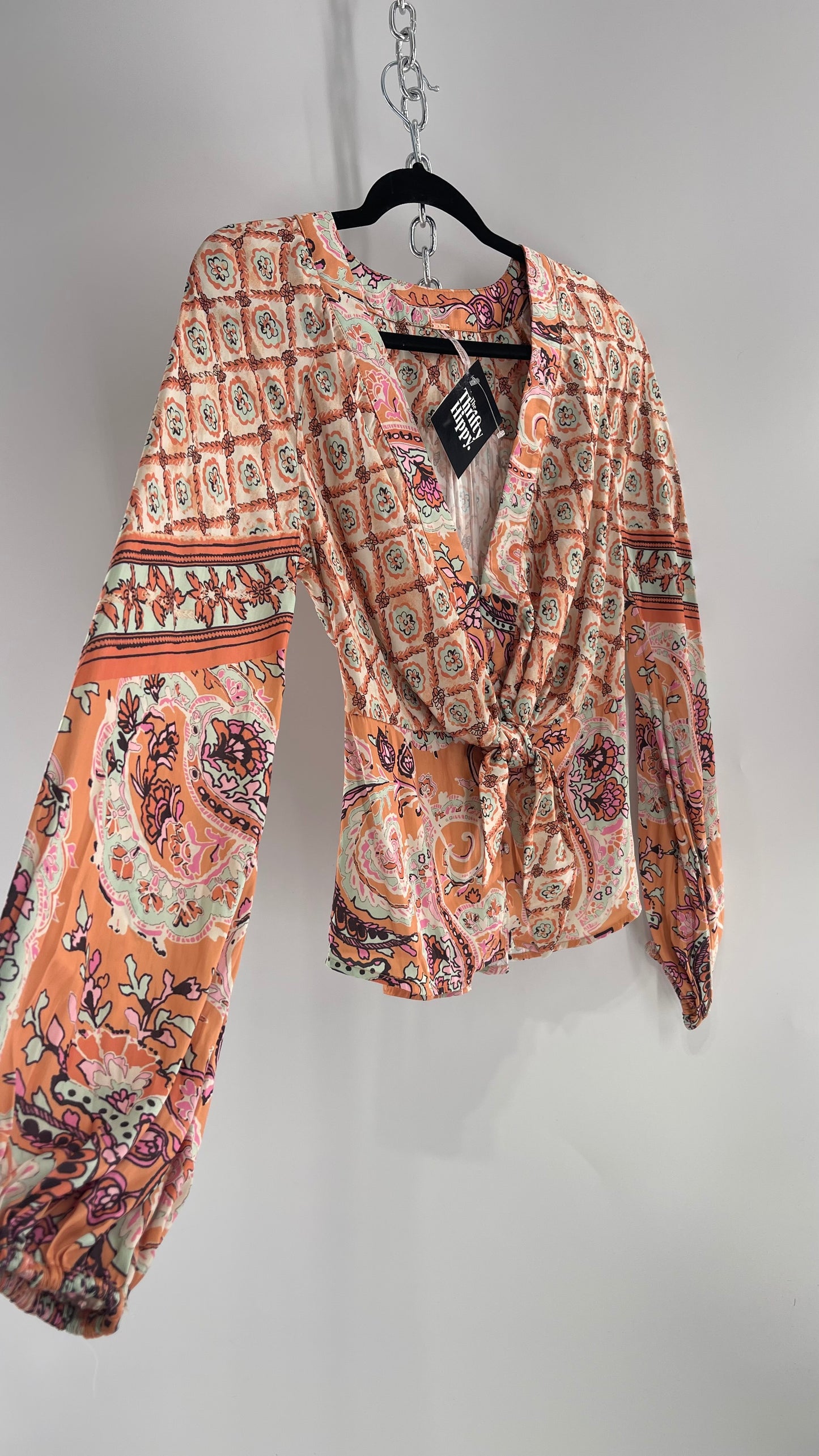 Free People Orange Pastels Paisley Blouse with Bust Tie and Balloon Sleeves (XS)