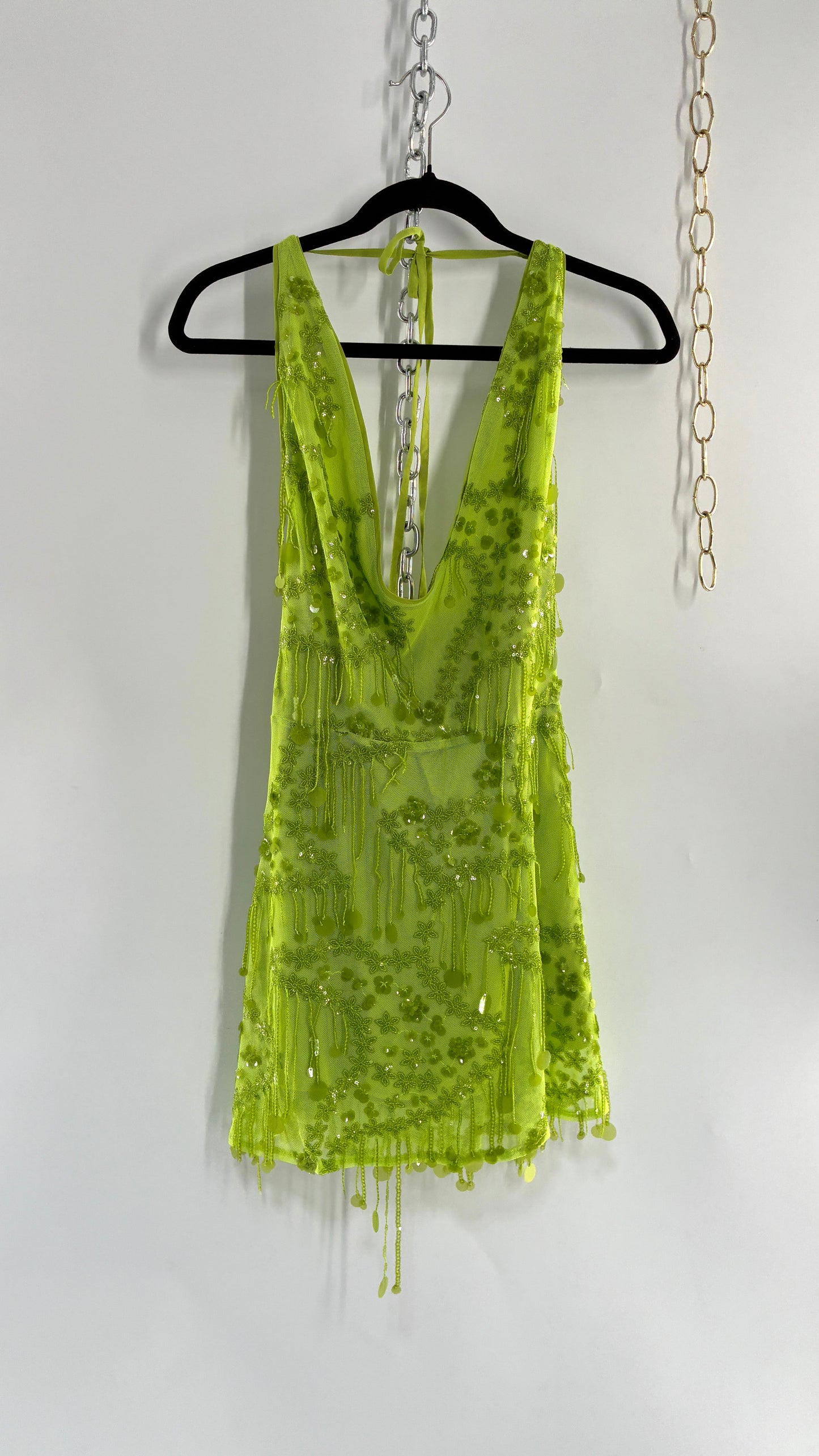 Green Beaded Backless Mini Dress (Small)