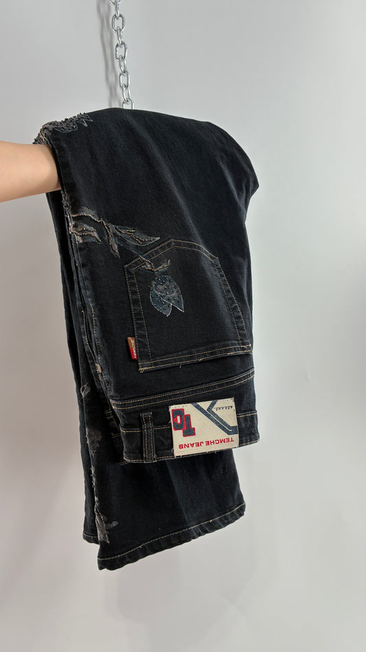Vintage TEMCHE JEANS Dark Wash Jeans with Painted, Beaded Florals