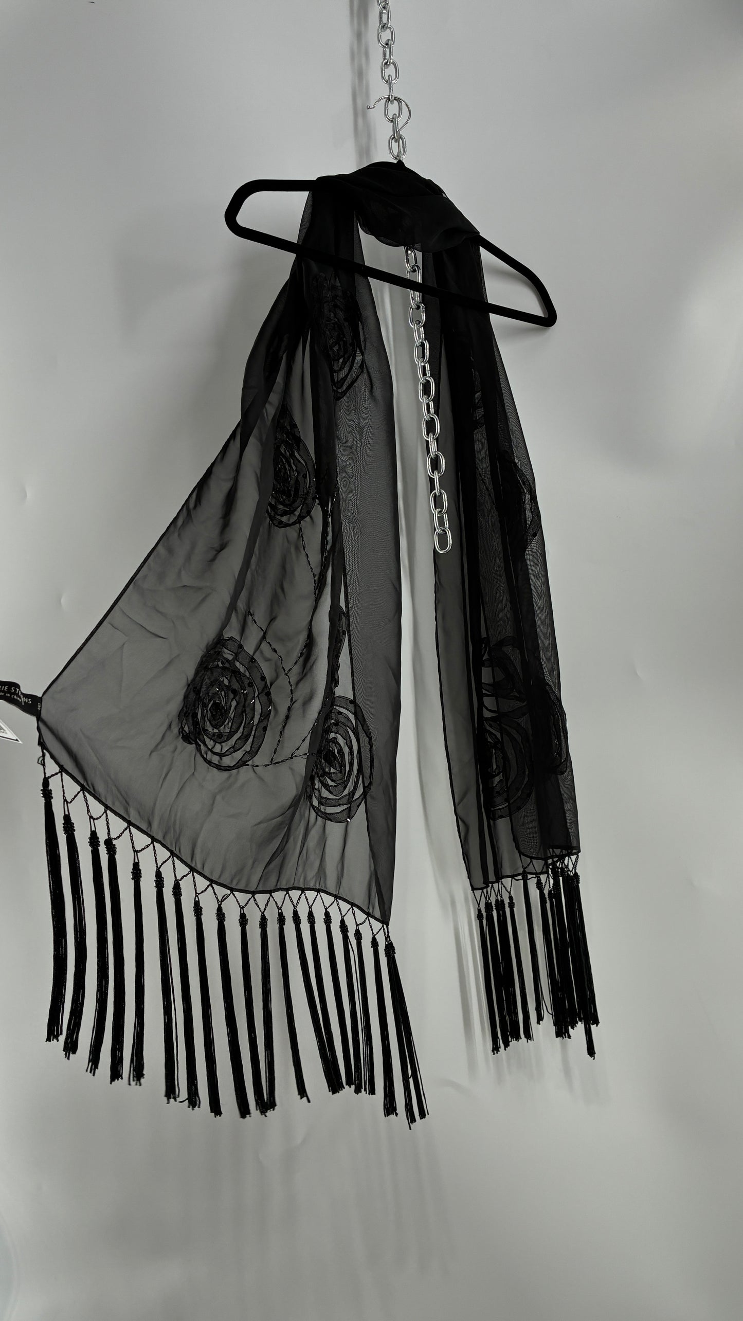 Vintage Black Beaded Scarf with Tassel Fringe and Embroidered Rosettes