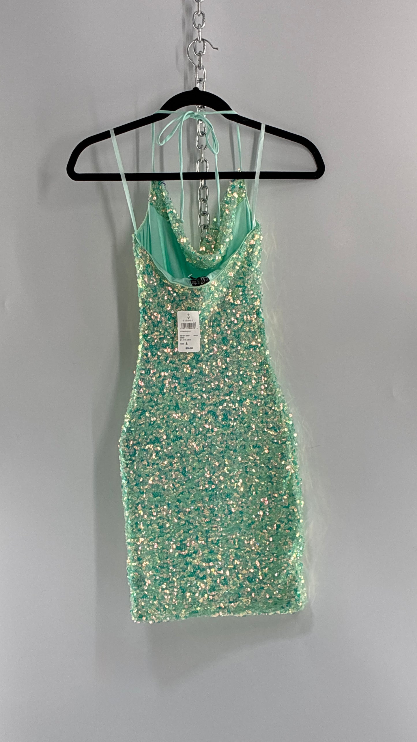 WINDSOR Aqua Blue Sequin Mini Dress with Draping Bustline and Tags (Small)