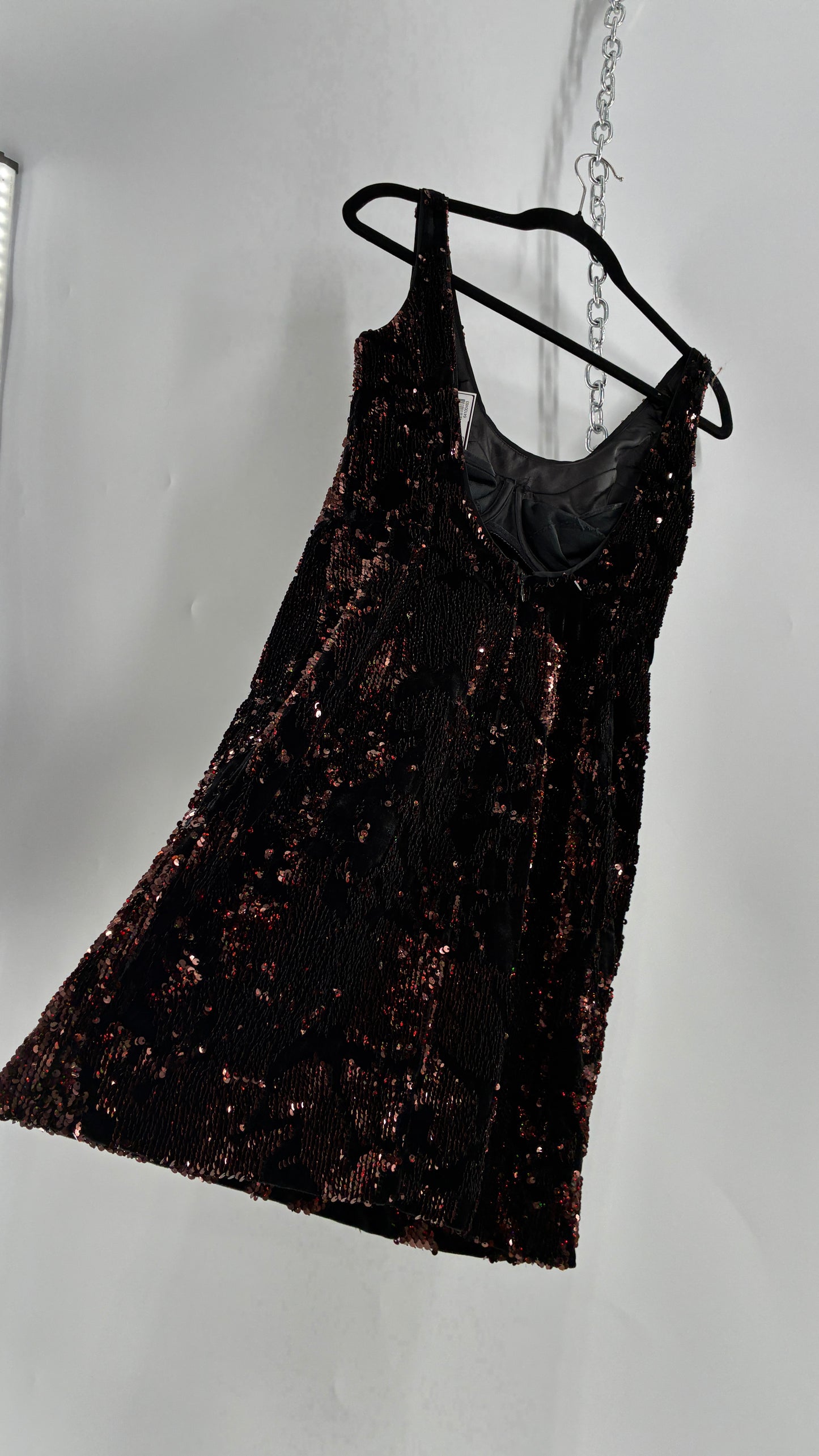 MILLY Cora Velvet, Black and Rose Gold Sequin Mini Dress with Built in Corset (4)