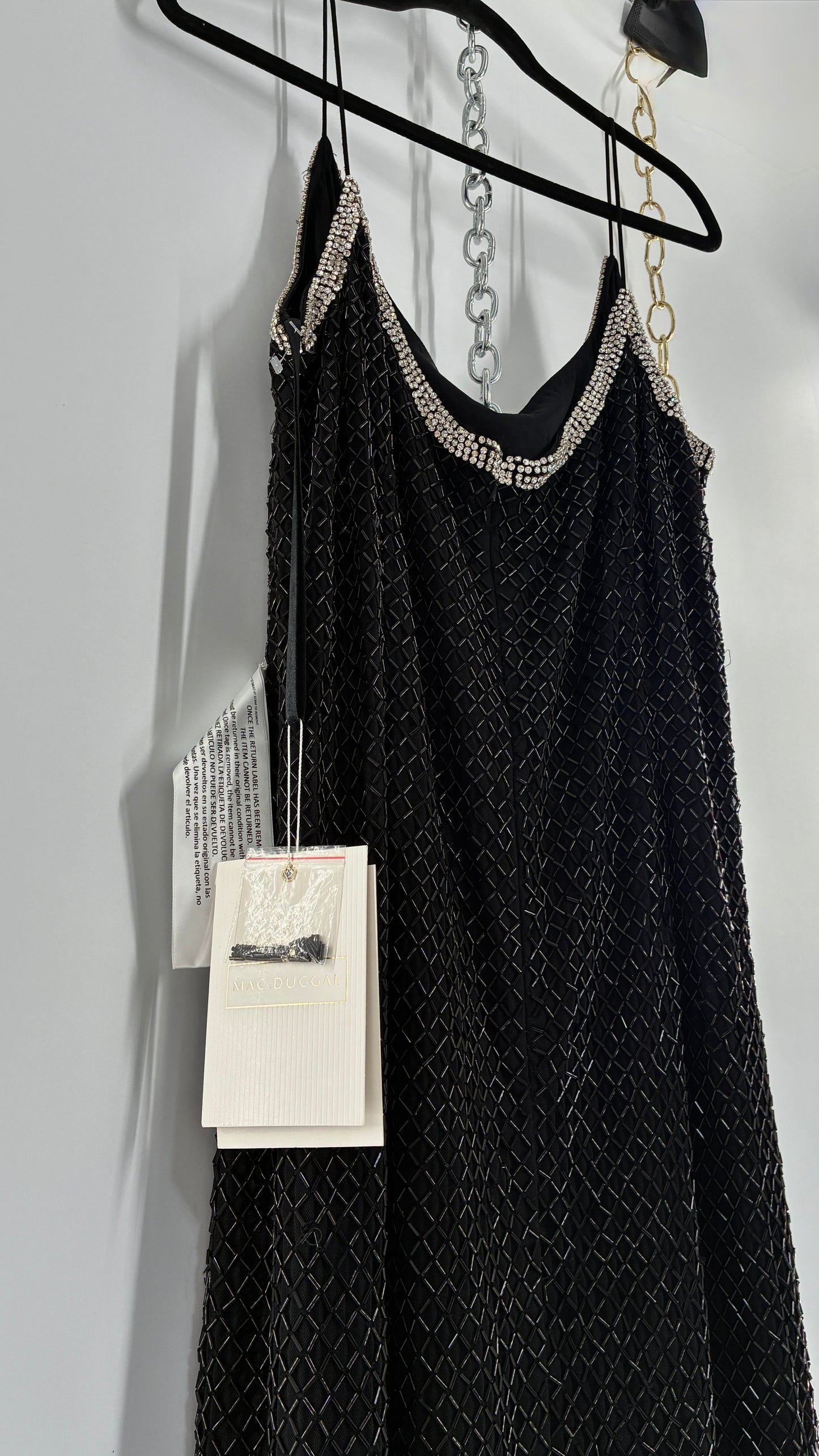 Vintage MAC DUGGAL Black Beaded Spaghetti Strap Column Gown with Tags Attached (16)