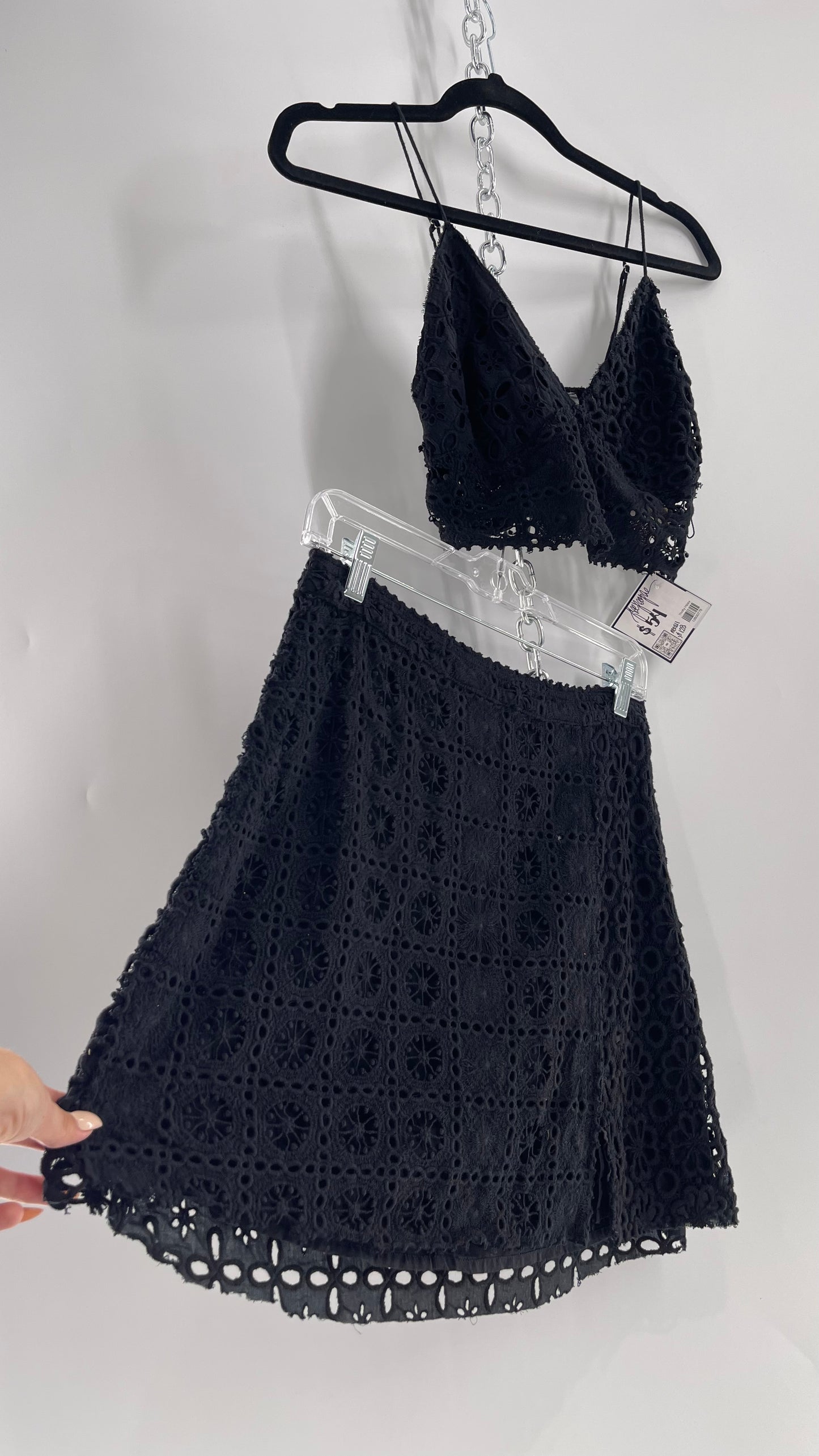 Free People Black Eyelet Lace Mini Skirt and Bustier Set (6)