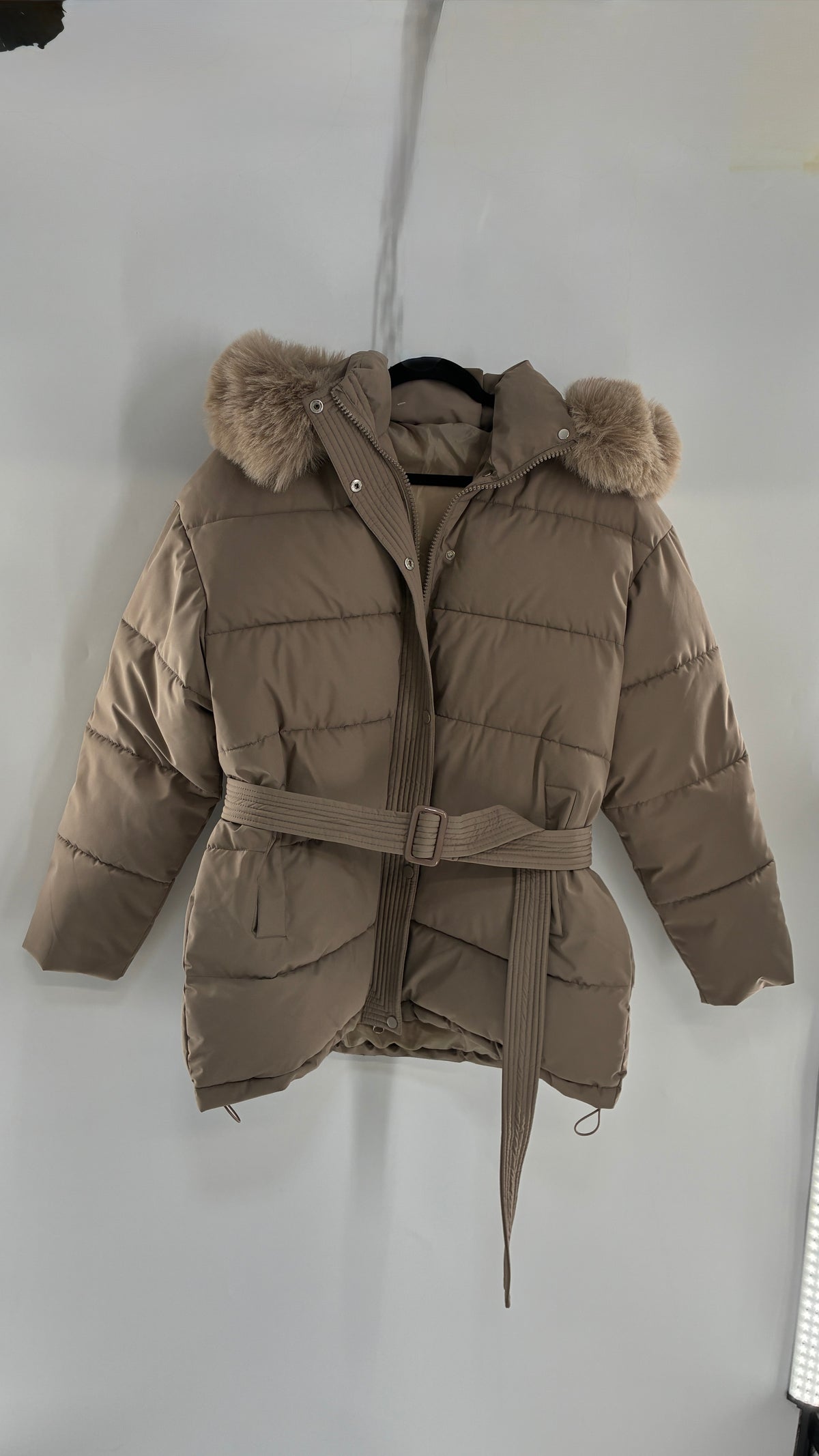 KATCH ME Taupe NWOT Bubble Coat with Exaggerated Vegan Fur Lined Hood NWOT (XL)