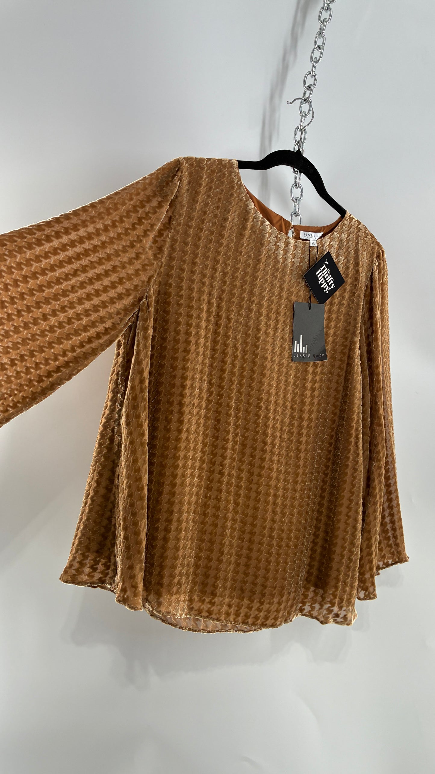 JESSIE LIU Lainey Bell Sleeve Burn Out Effect Silk Blouse (XL)