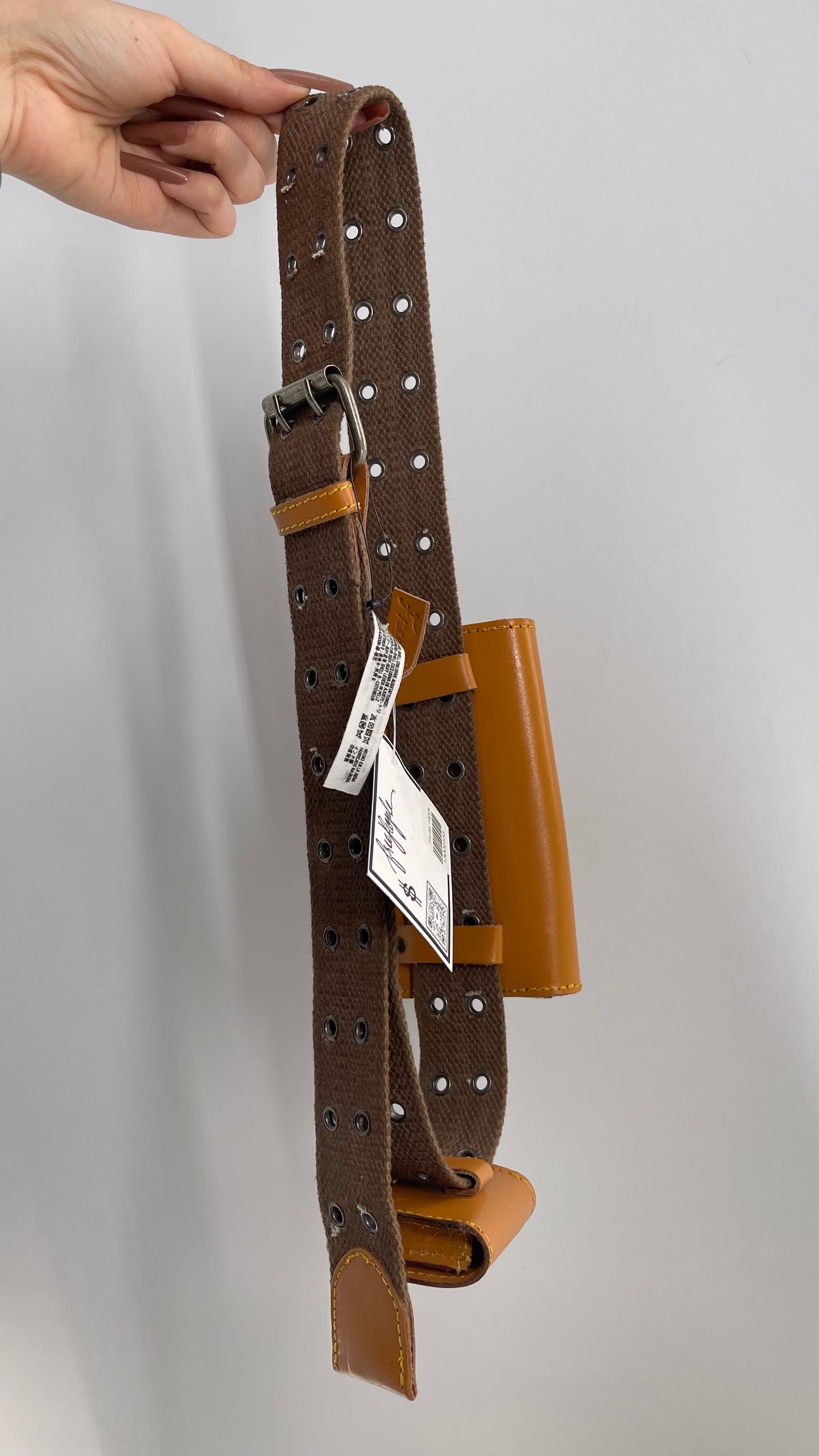 Free People Grommet Canvas Belt with Tan Leather Pouches (M/L)