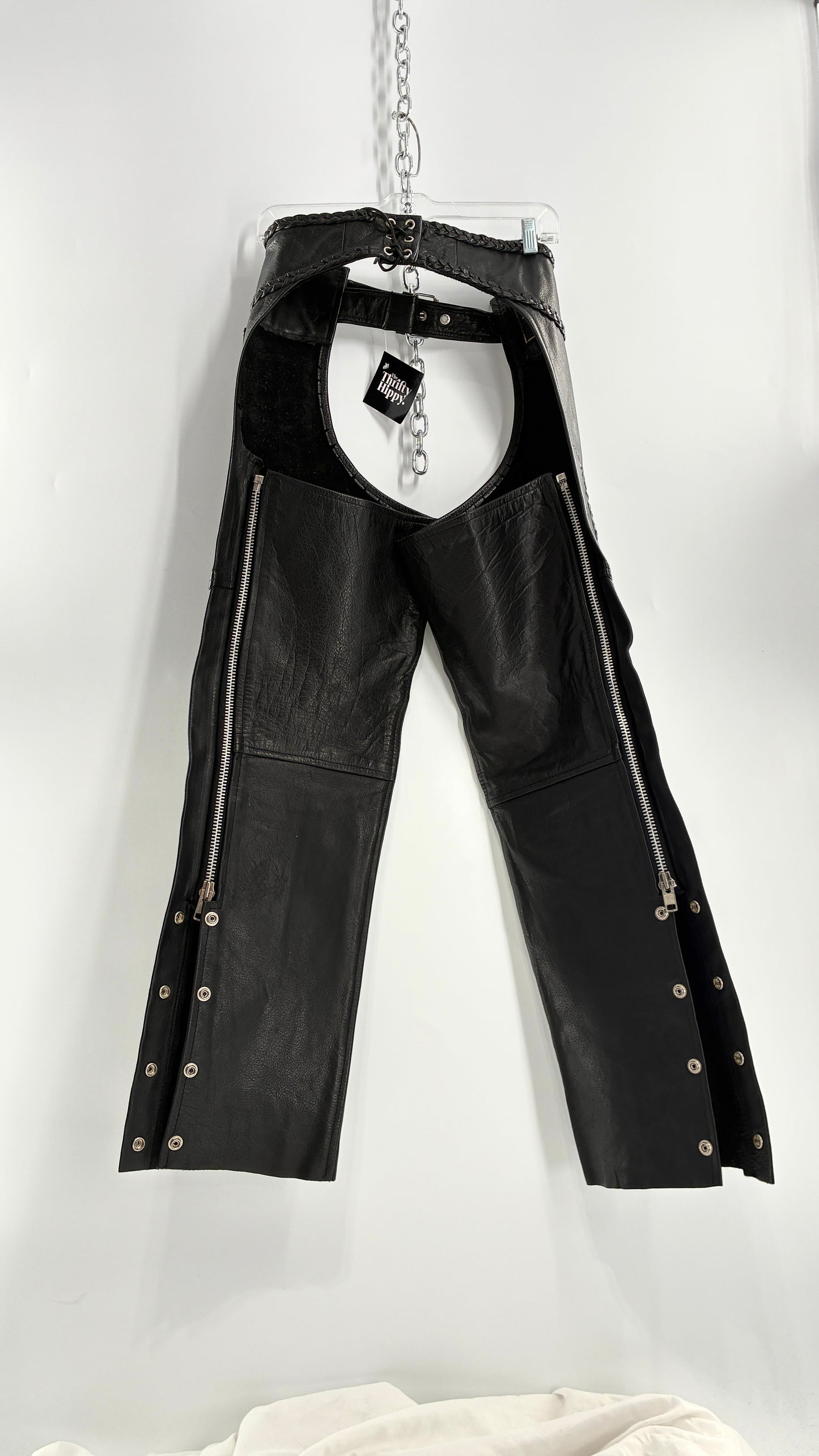 Vintage AMERICAN LEATHER Black Motorcycle Chaps/Pants with Mini Pocket, and Side Zipper Detailing (XS)