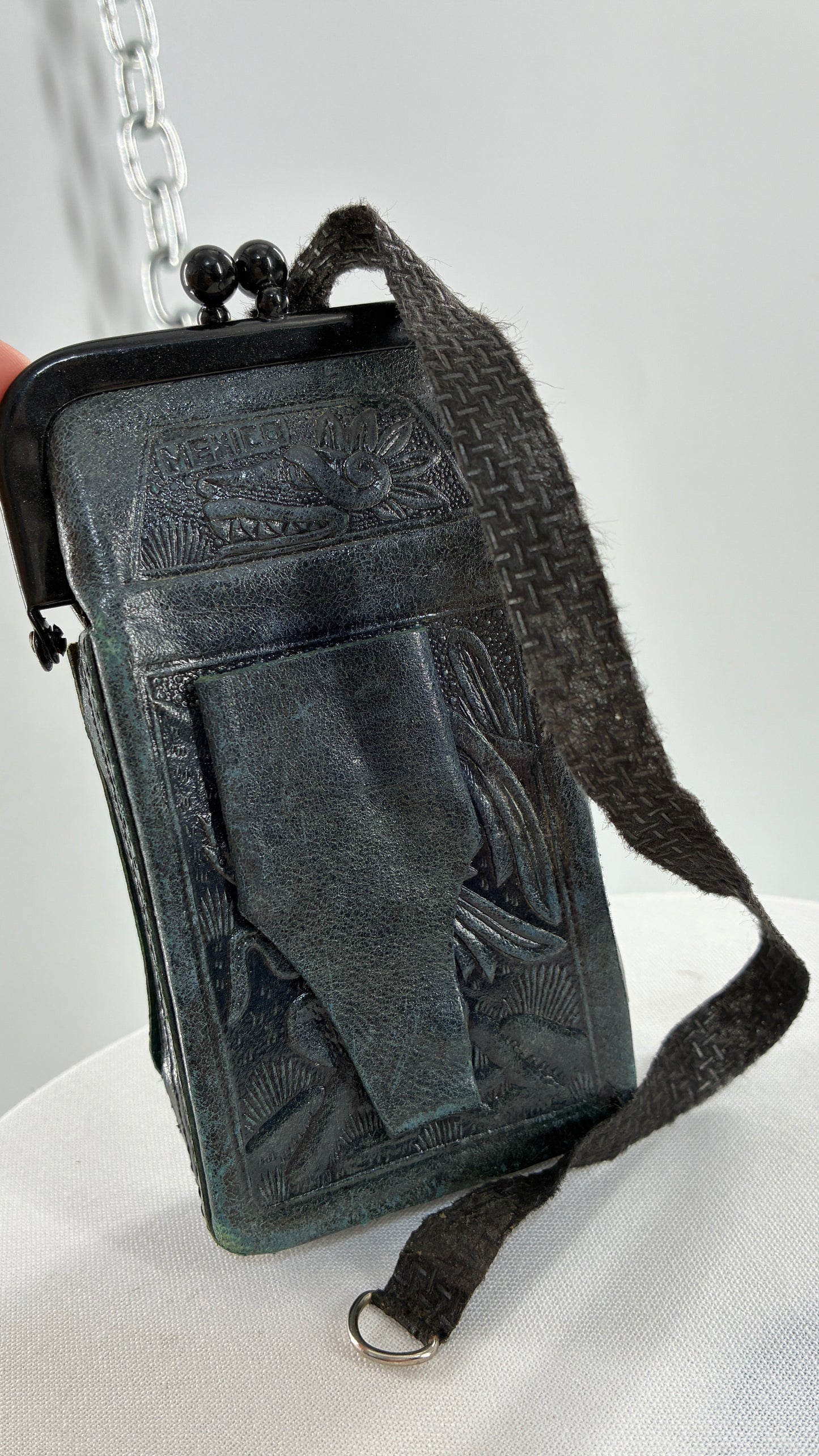 Vintage Mexican Black Engraved Leather Cigarette Pouch with Lighter Holster