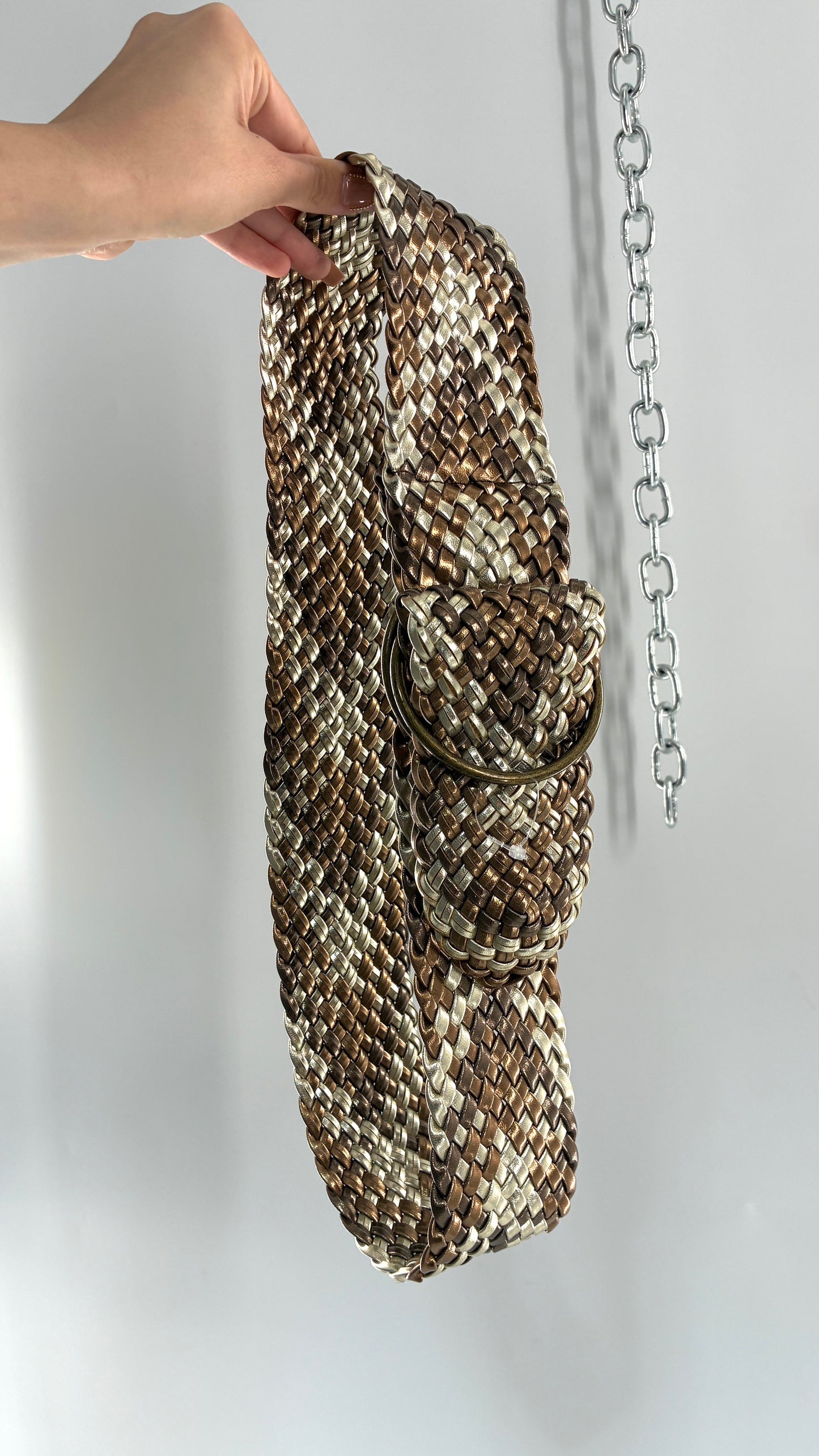 Vintage Metallics Silver Bronze Woven Wide Hip Belt with Oversized Bronze Round Buckles (One Size)