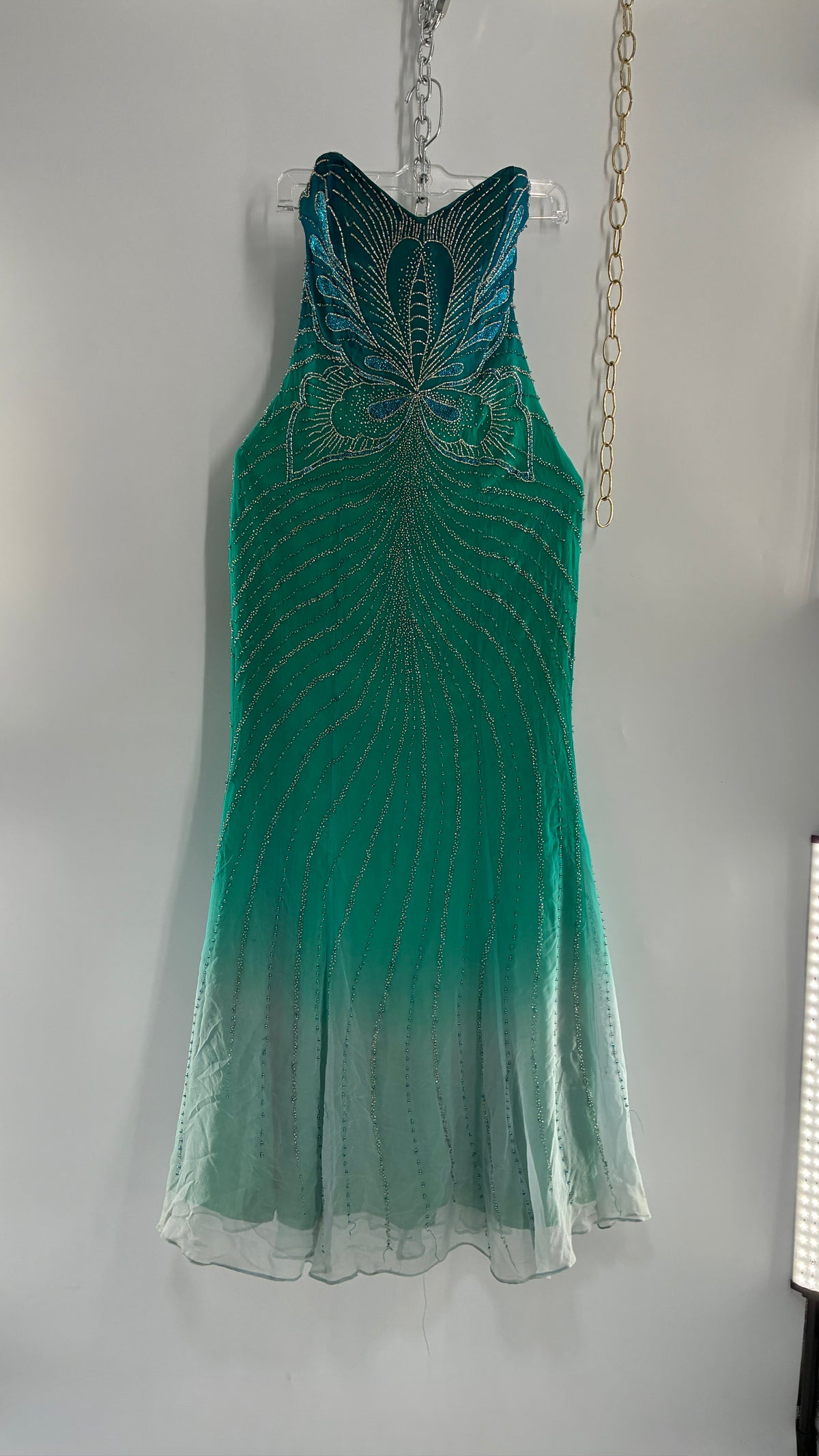 Vintage 1990s STUDIO17 100% Fully Beaded Silk Aquamarine Butterfly Dress (8)