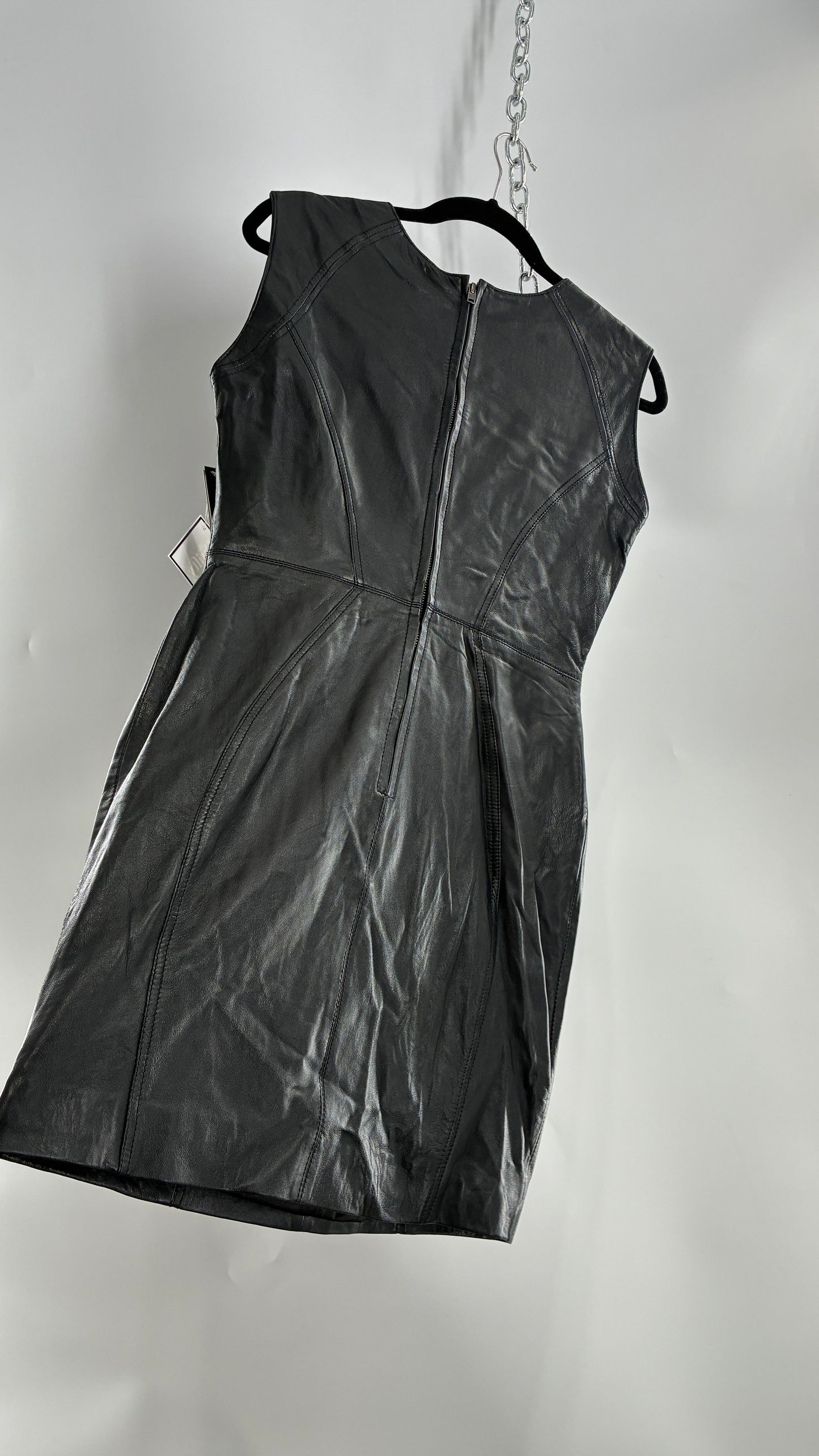 AQUA LUXE Black Leather Bodycon Paneled Dress with Tags Attached (Small)