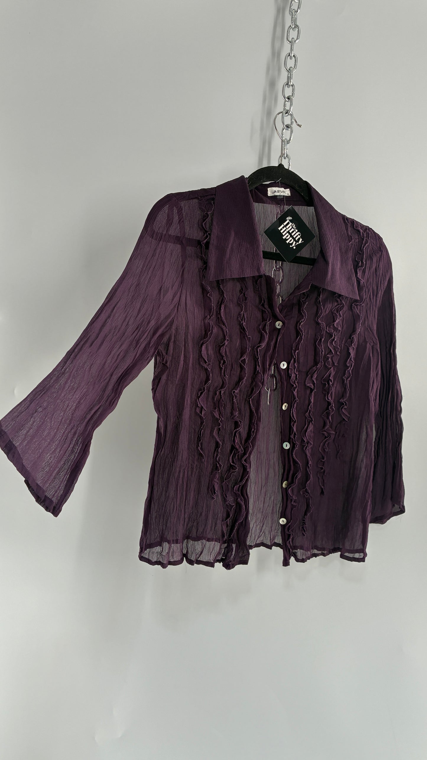 Vintage 1990s JAIPUR Purple Crimped Button Blouse with Ruffled Details (Small)