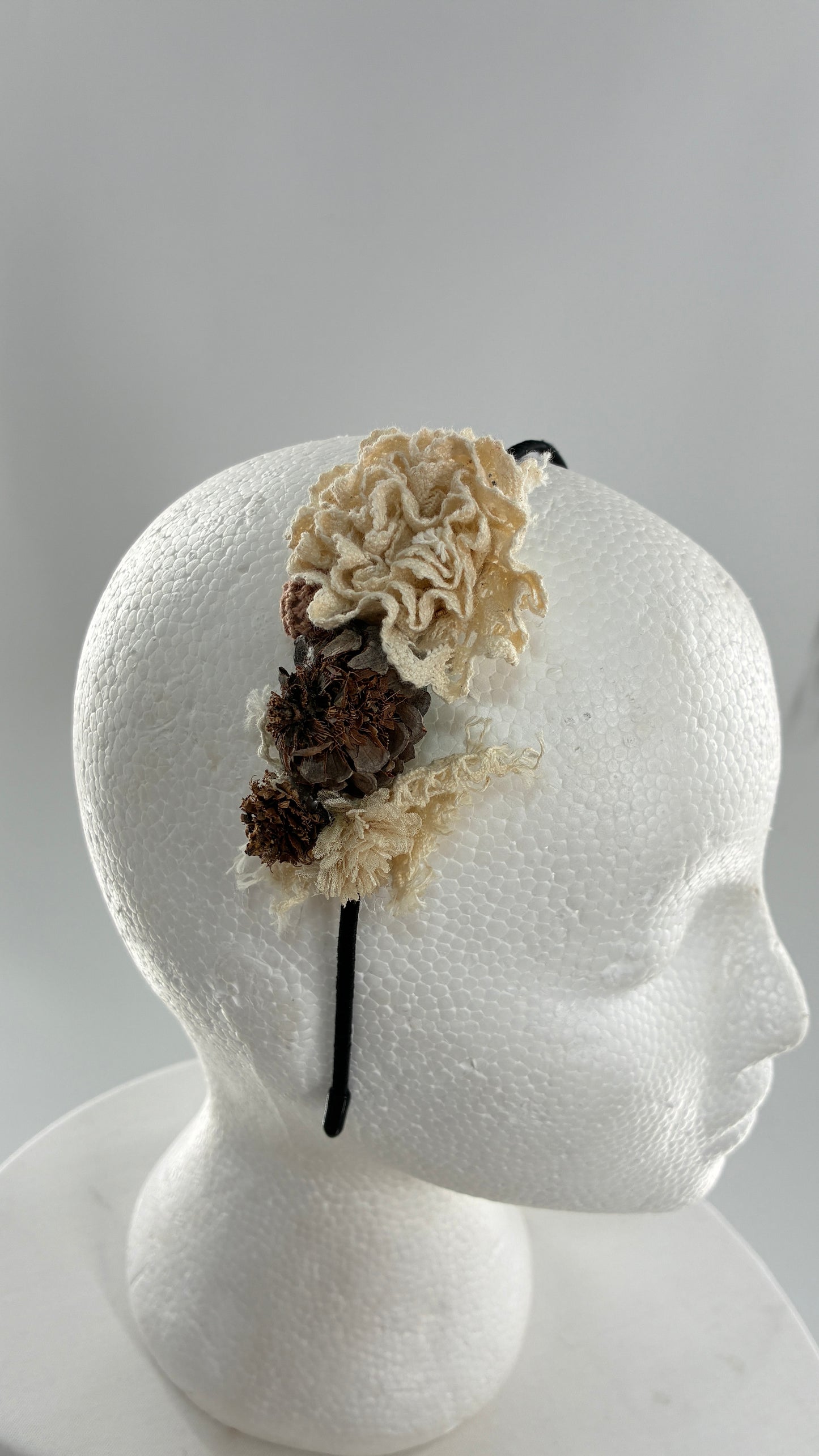 Vintage FARMER Handmade Discrete Headband with Crochet and Pine Appliqués