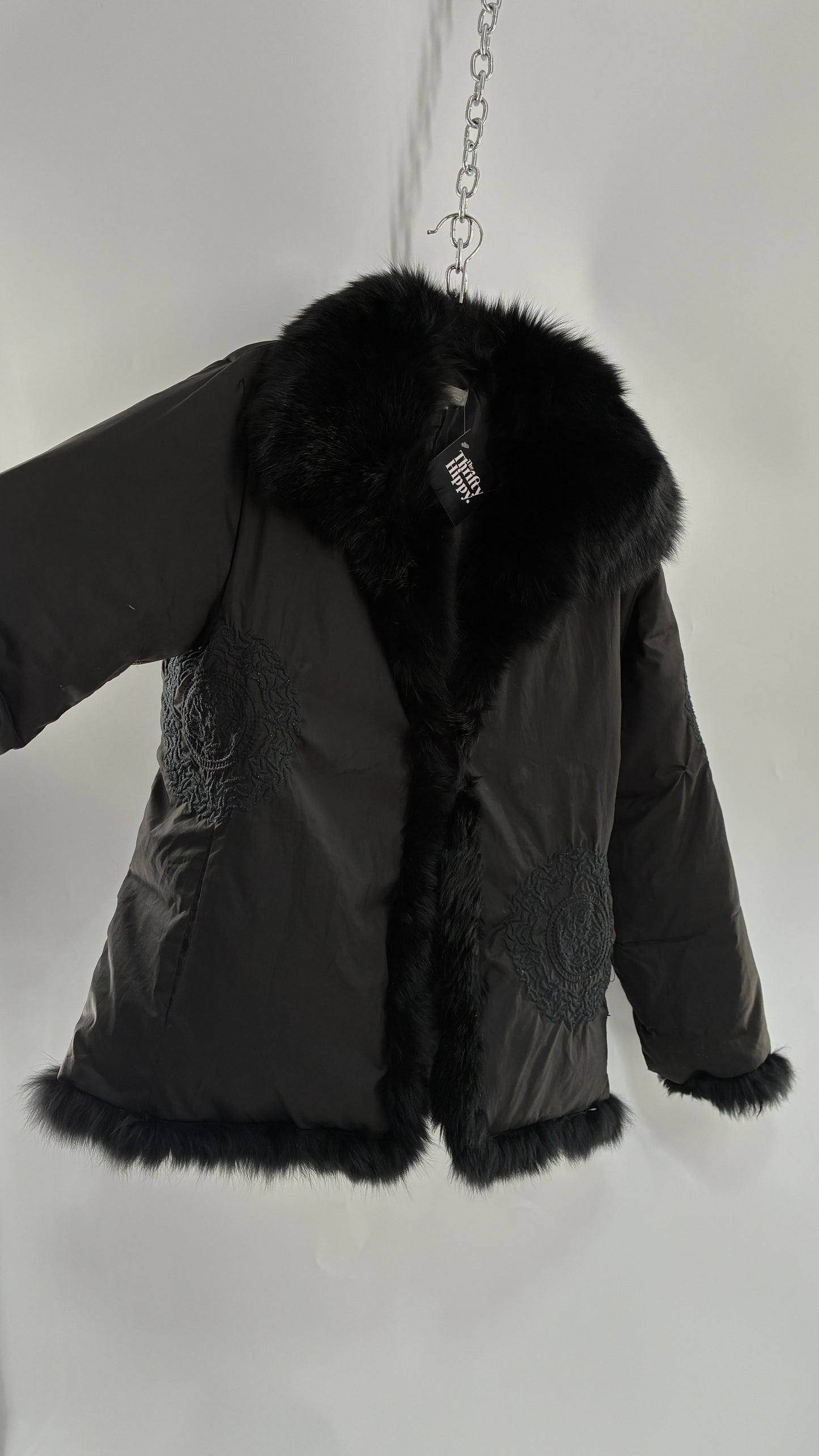 Vintage Gi & JO Black Down and Feather Puffer Jacket with Exaggerated Genuine Rabbit Fur Trim and Mandala Embroidery (Medium)