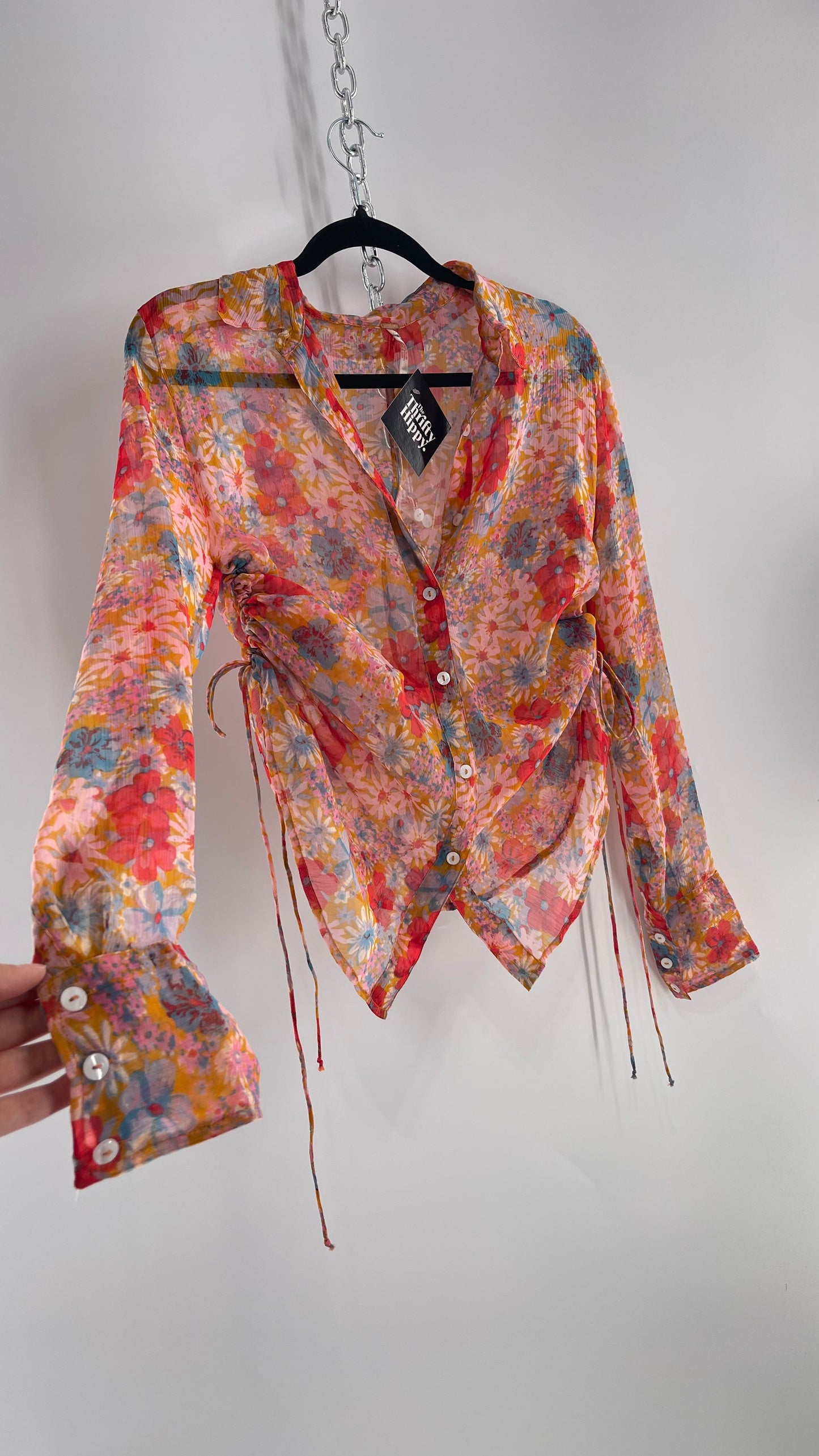 Free People Sheer Orange Floral Button Up with Ruched Sides (XS)