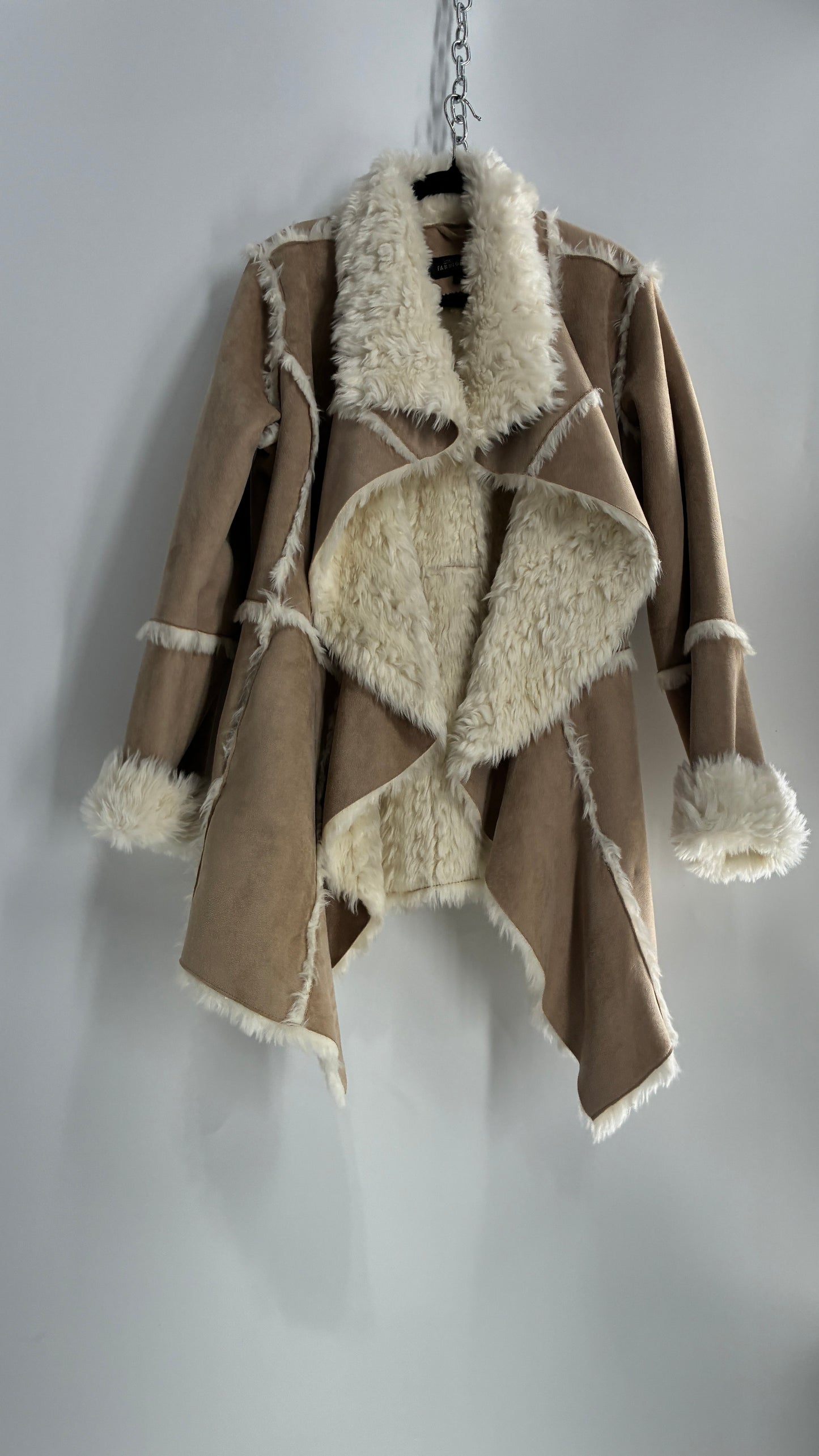 Fabulous Furs Vegan Suede Coat with Faux Fur Piping and Cuffs (Large)