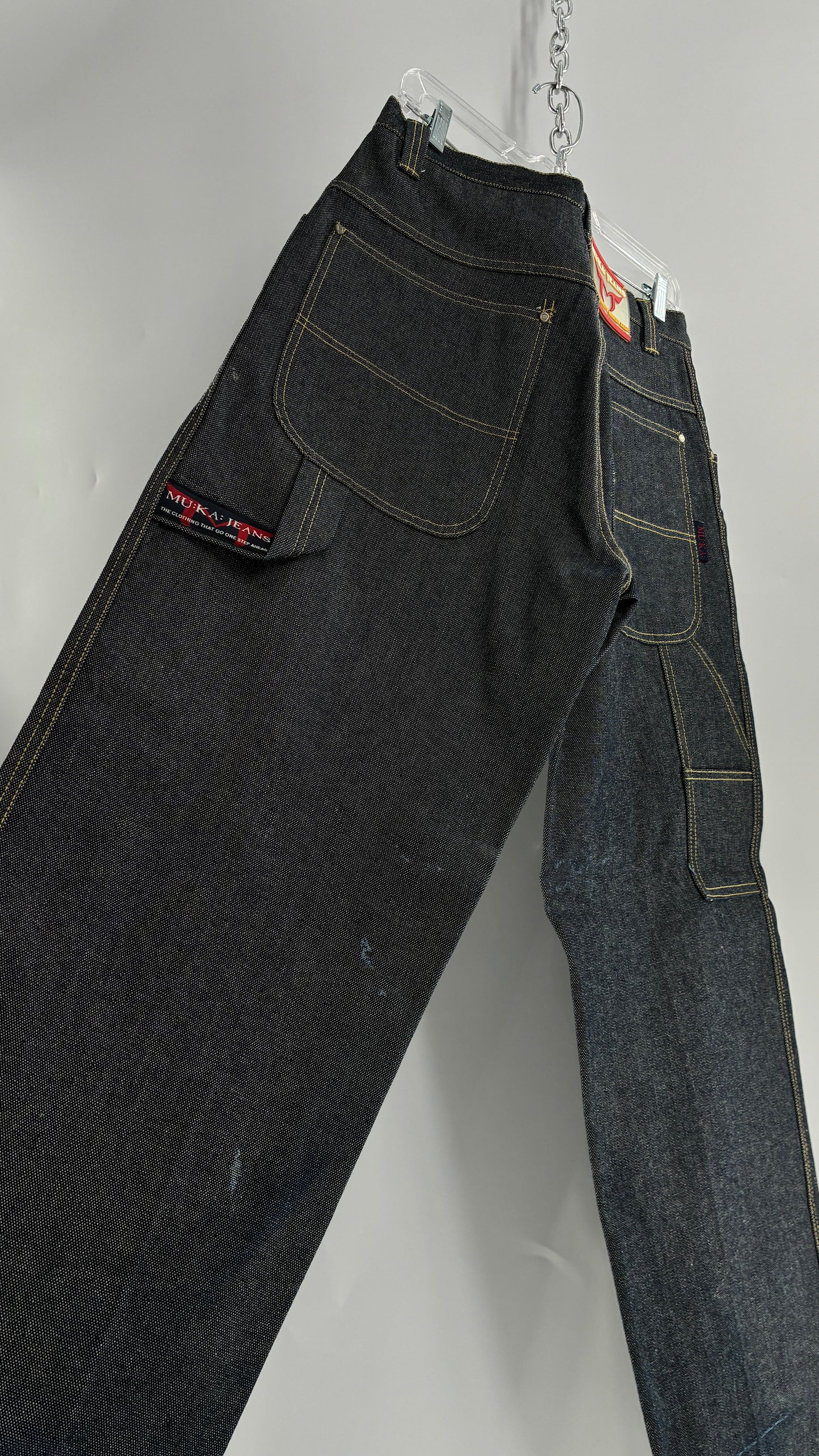Vintage 1990s MU:KA: JEANS Men’s Dark Wash Japanese Style Denim Baggy Straight Legs and Oversized Jacket Set (L, 32x32)