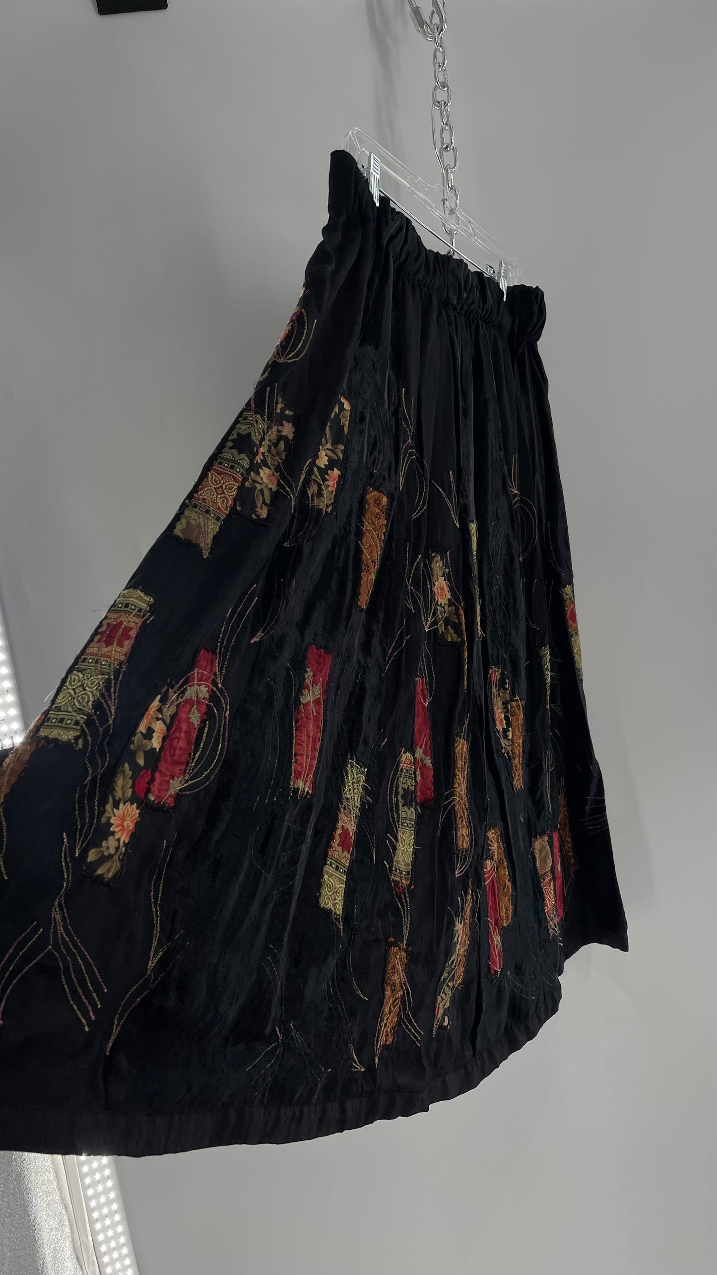 Vintage Black Velvet and Embossed Florals Patchwork Skirt with Metallic Stitch Detailing with Lining and Thick Waistline (M)