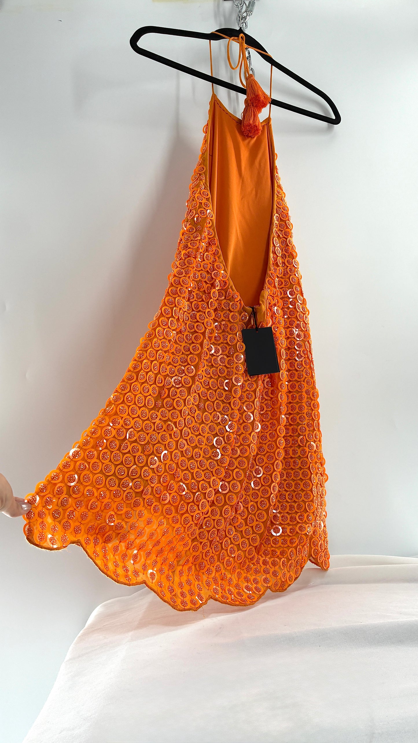 X by NBD Orange Backless Halter Mini Dress with Scalloped Hem, Covered in Beads and Sequins (Medium)