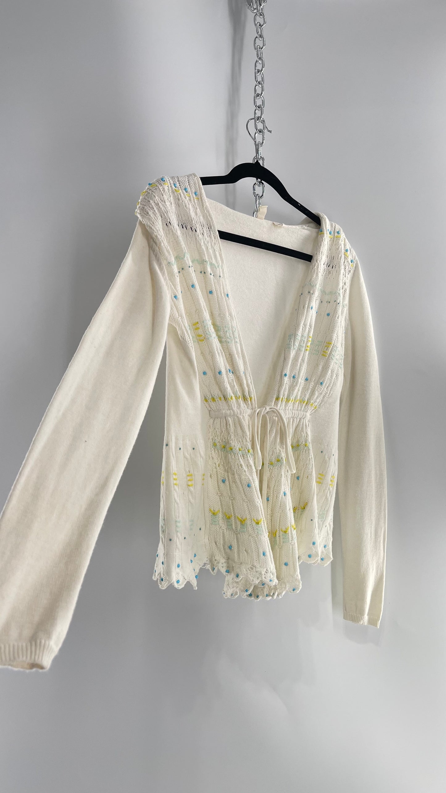 MOTH Anthropologie Beige Knit Tie Bust Sweater with Embroidered Daisies and Delicate Beading (Small)