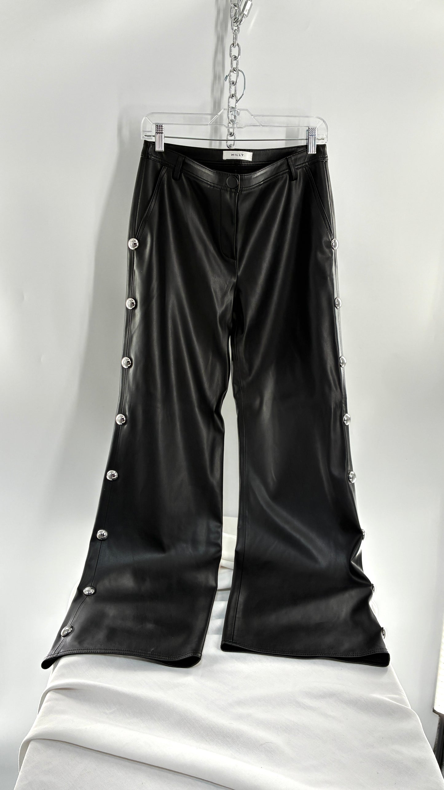 Vintage MILLY Black Vegan Leather Wide Leg Pants with Silver Oversized Studs