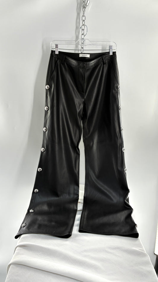 Vintage MILLY Black Vegan Leather Wide Leg Pants with Silver Oversized Studs