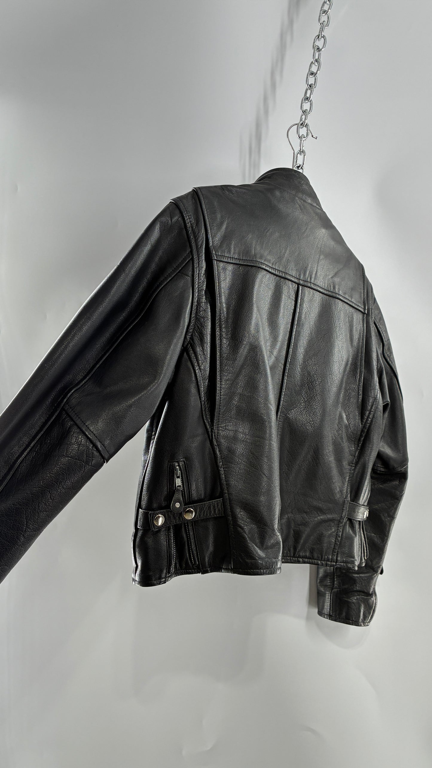 Vintage DOC’s Black Thick Leather Jacket with Removable Quilted Lining, Zippered Sides and Heavy Metal Details (Medium)