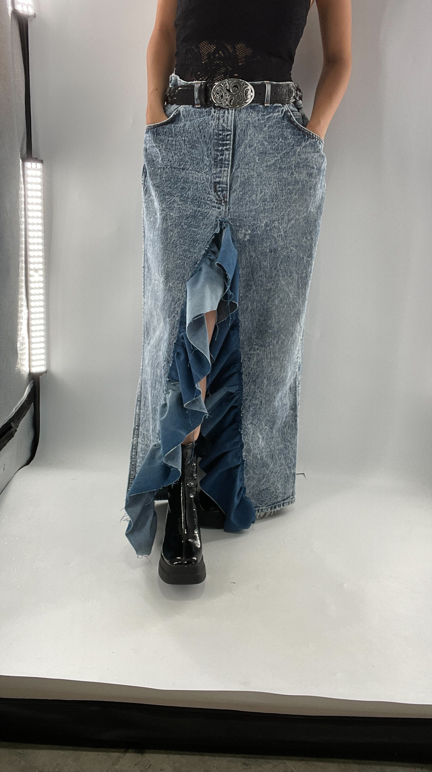 Custom Handmade Acid Wash Denim Slit Front Ruffled Skirt with Bow Bum (Large)