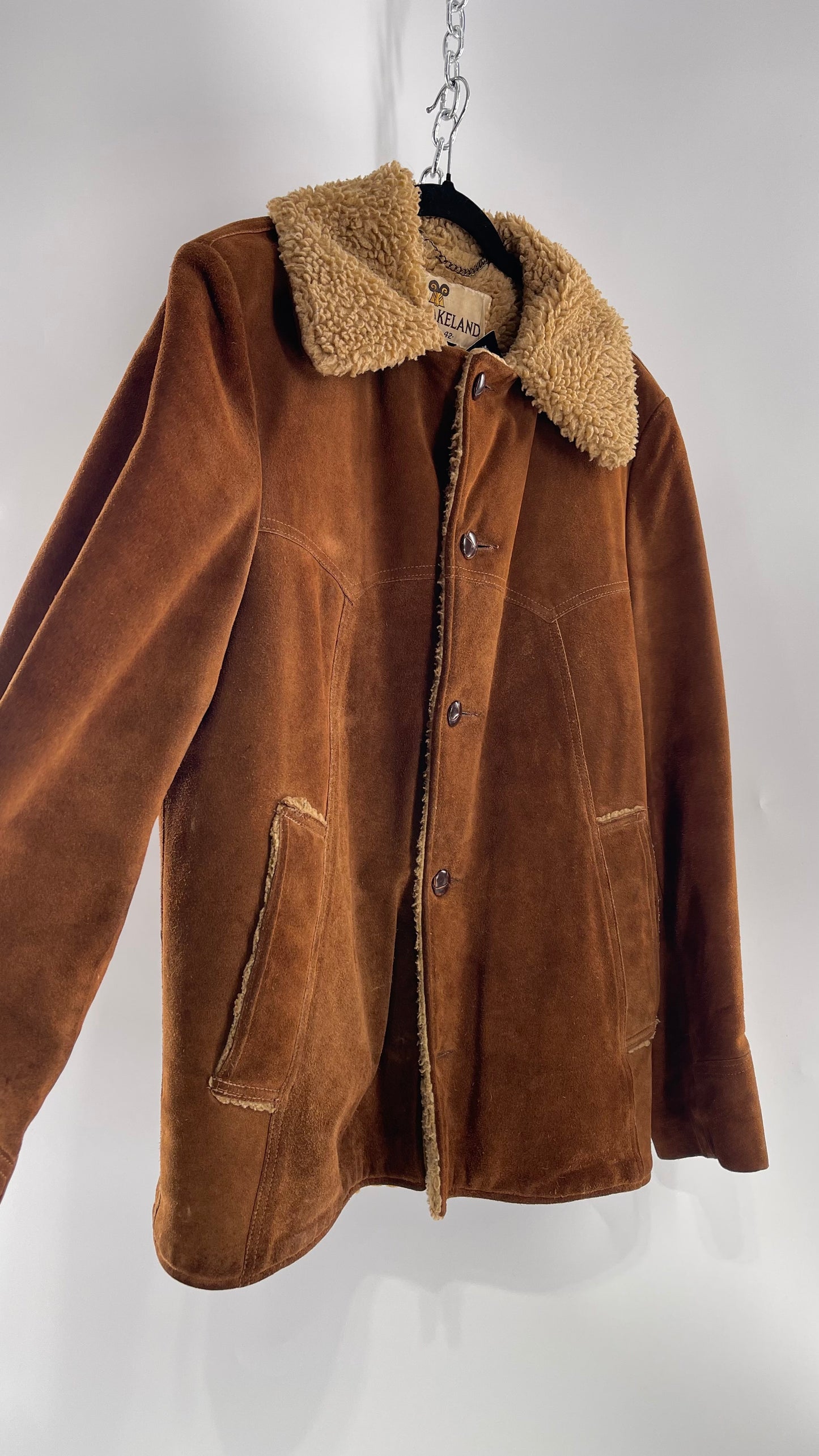 Vintage Heavy Duty Genuine Suede Leather Coat with Teddy Sherpa Lining (C) (Large/42)