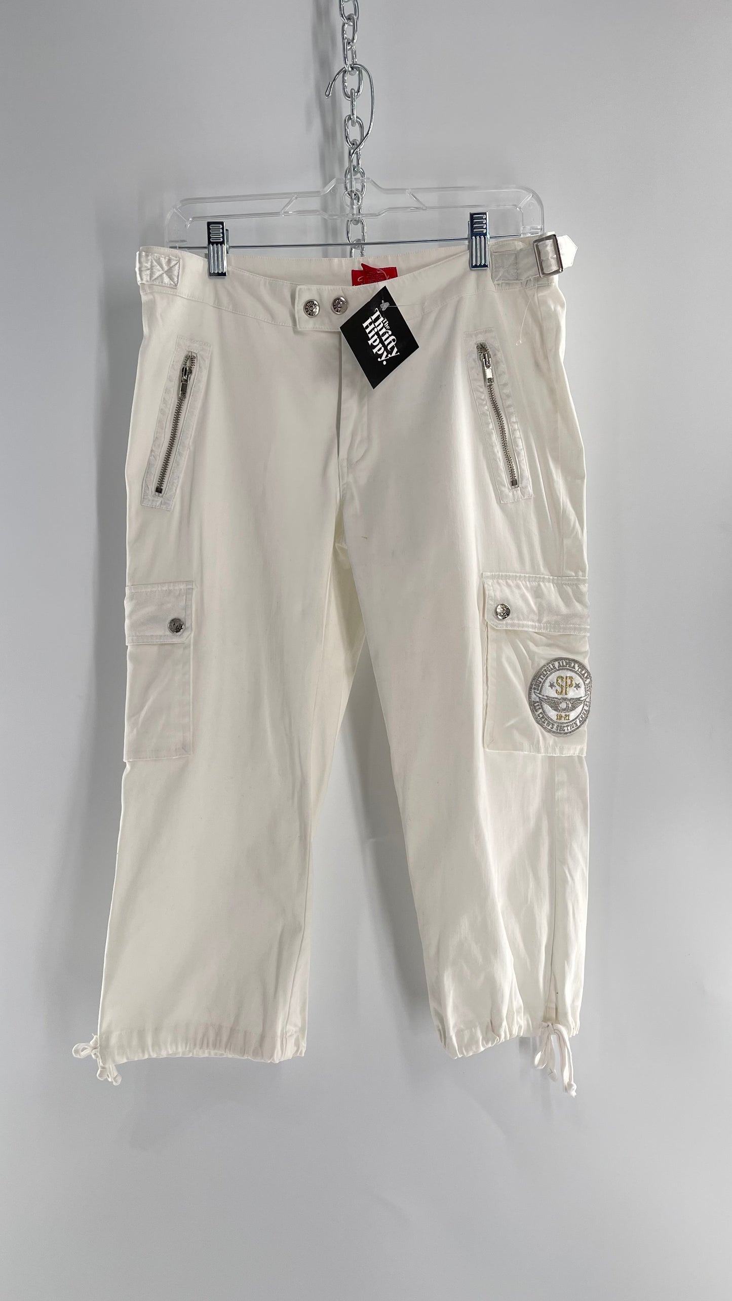 Vintage 1990s South Pole White Capri with Zippers, Silver Hardware, Satin Detailing and Patches (9)