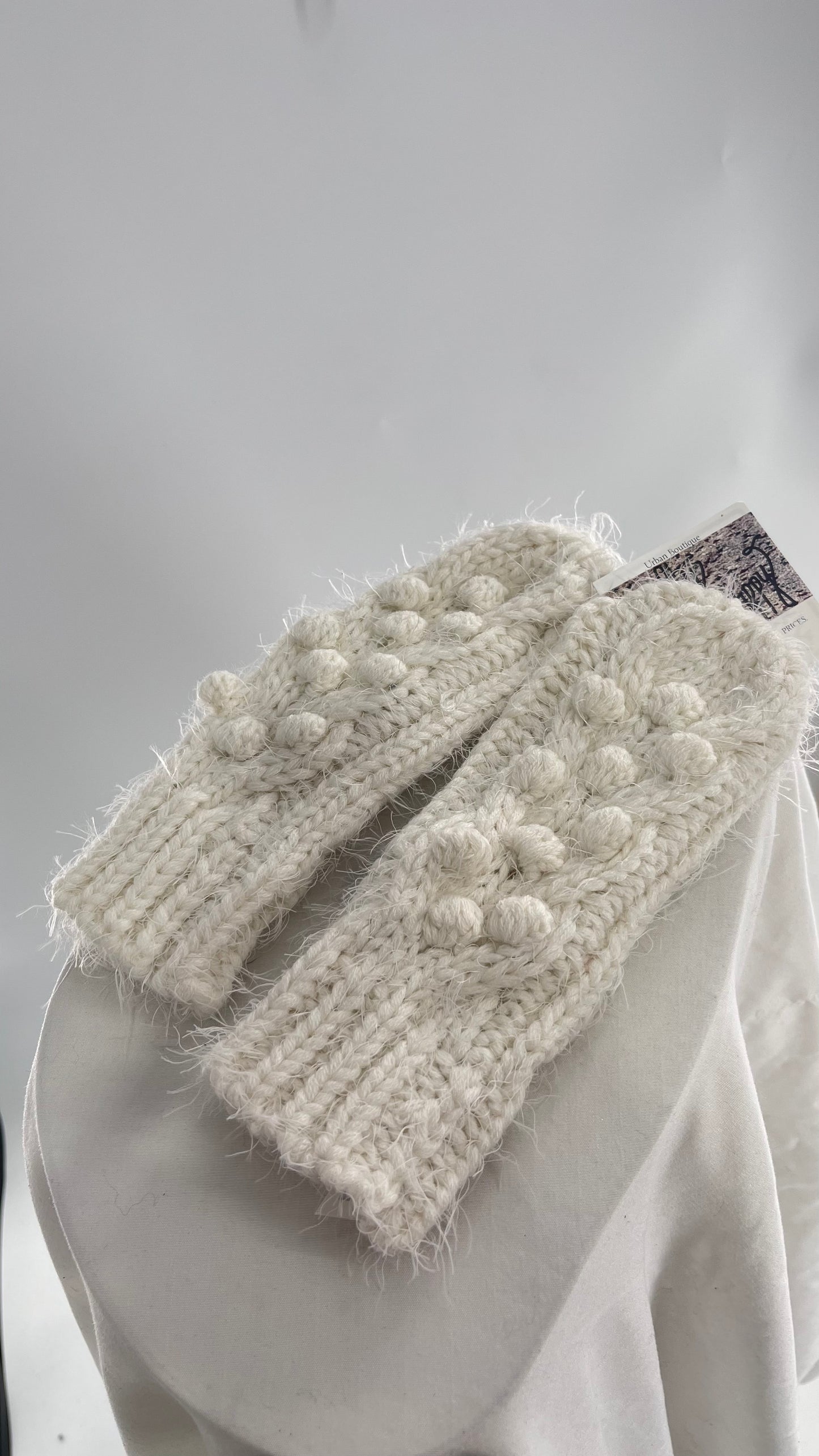 Free People White CableKnit PomPom Mittens