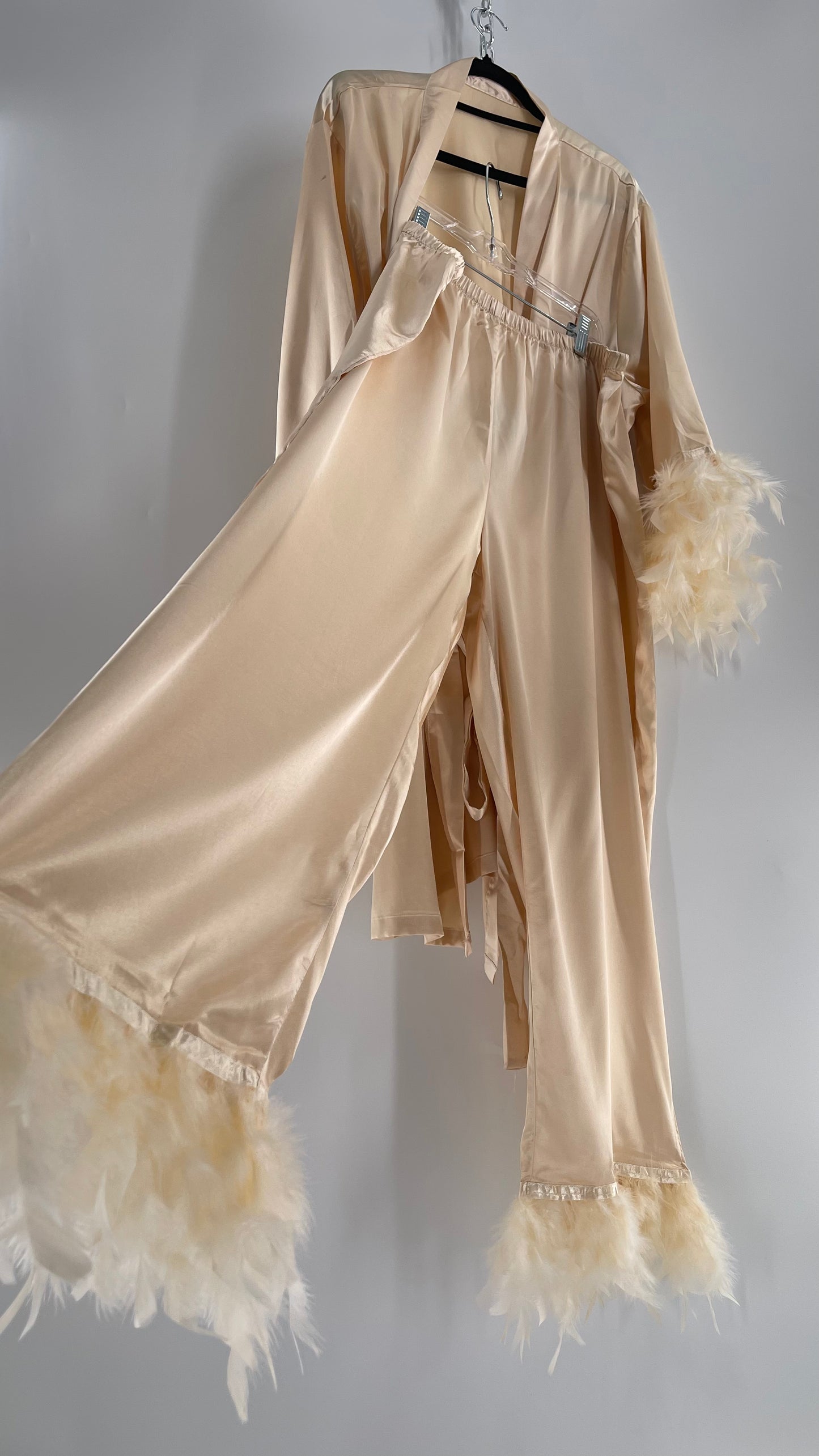 Champagne Satin Loungewear 2piece Set with Ostrich Feather Trim (3XL)